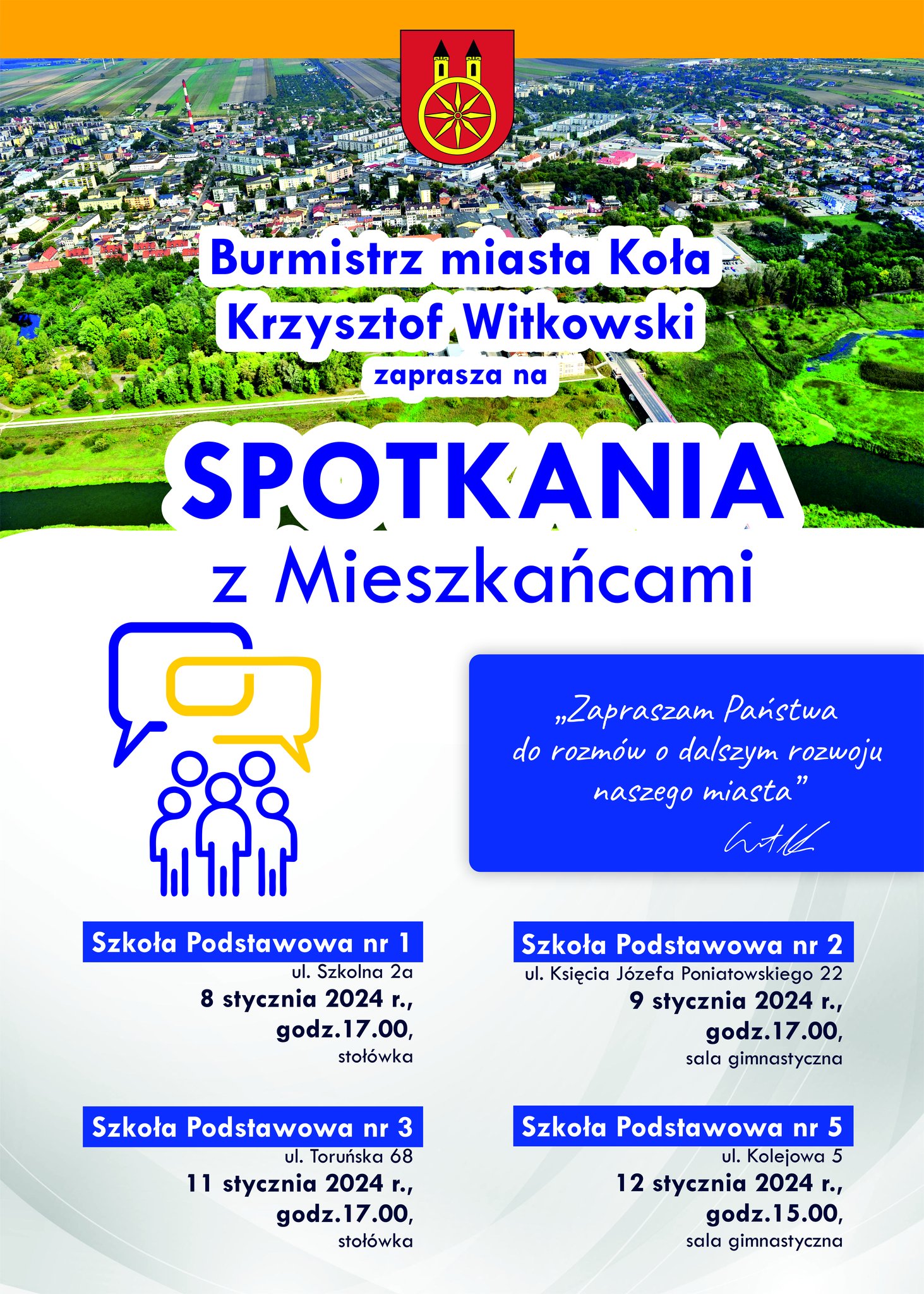 Plansza Burmistrz miasta Koła zaprasza na spotkania z Mieszkańcami