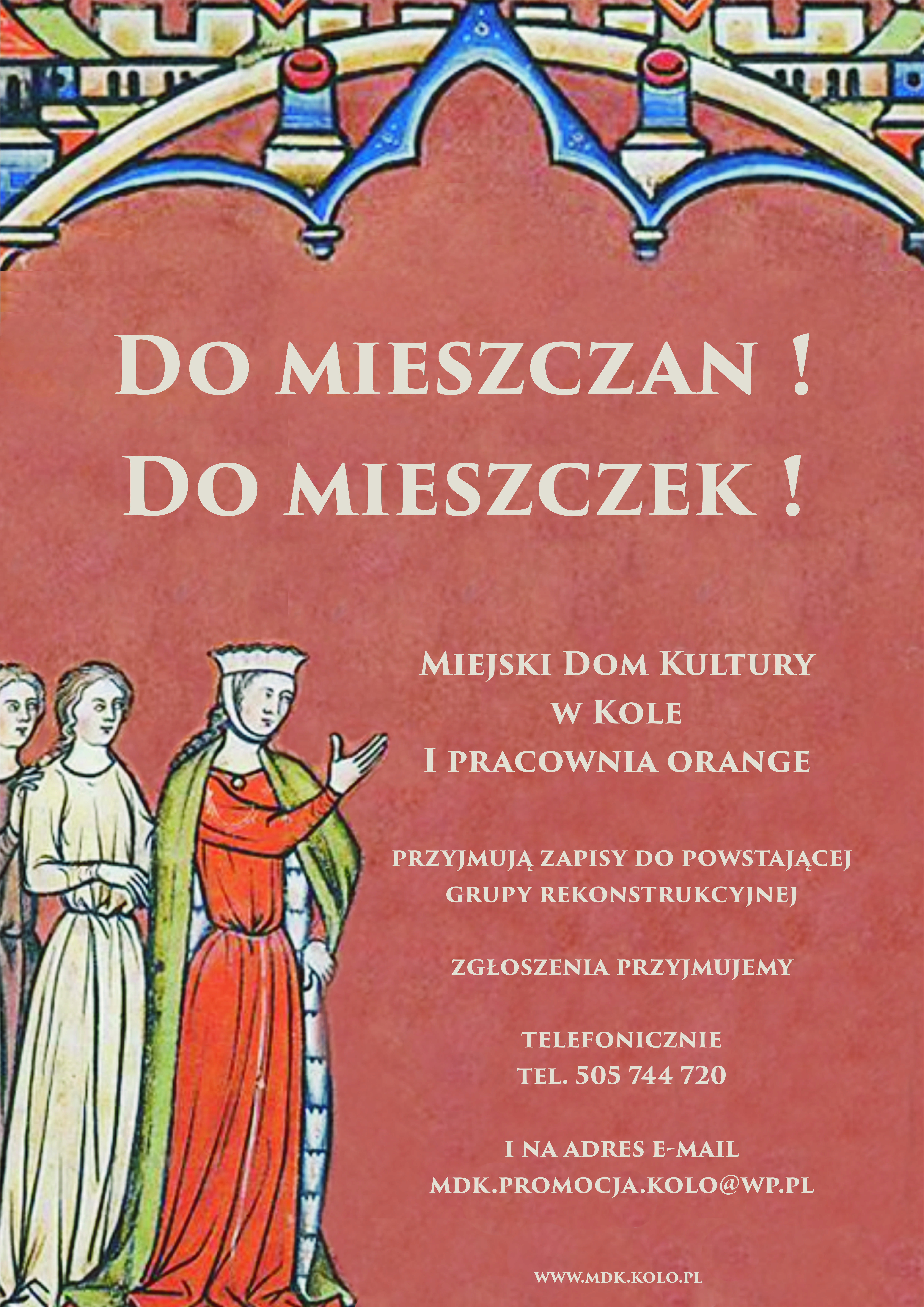 Plakat przedstawia kobiety w strojach z czasów średniowiecza.