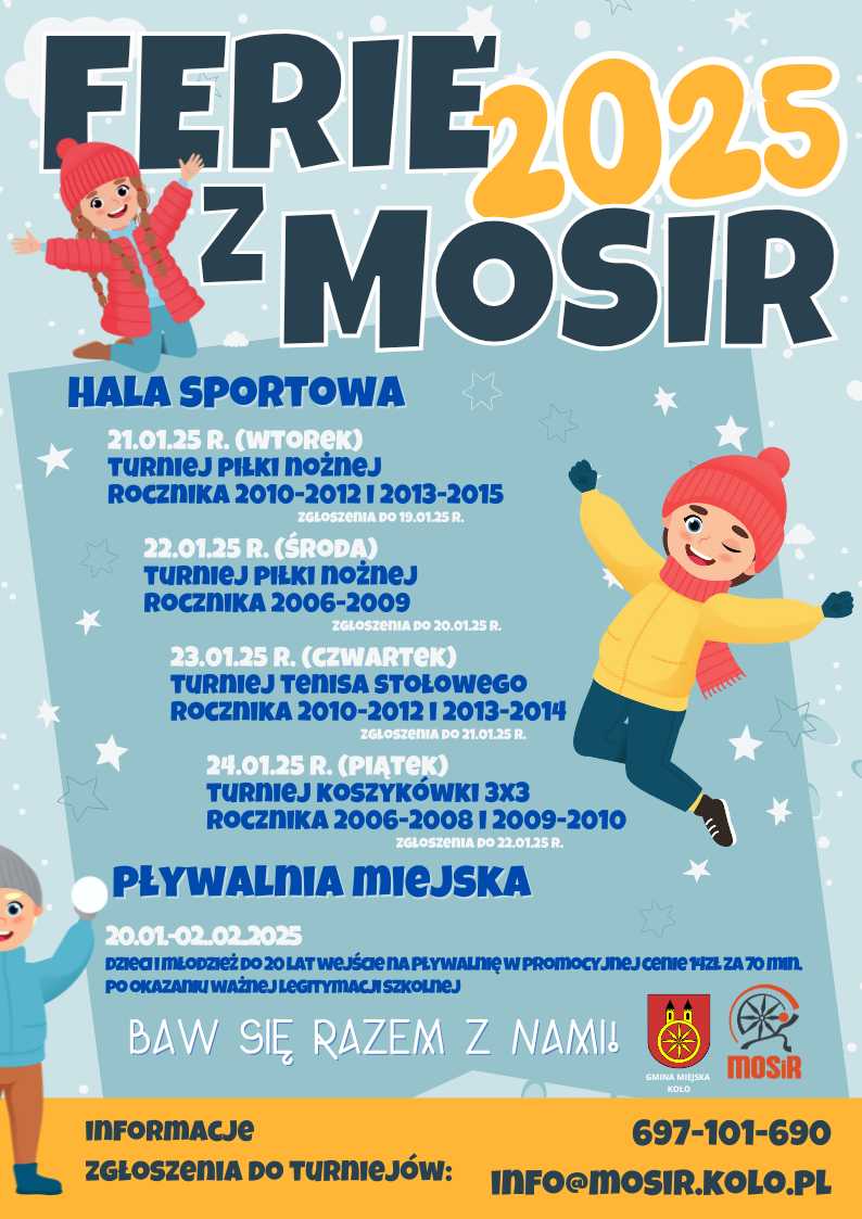 Plakat ma zimową estetykę z jasnym tłem i grafiką dzieci oraz śnieżynek. Zawiera podzielone sekcje informacyjne z odcieniami niebieskiego i białego tekstu. Stanowi ofertę zajęć MOSiR-u podczas ferii.