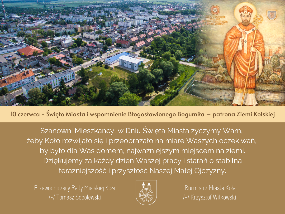 Plansza z napisem 10 czerwca - Święto Miasta i wspomnienie Błogosławionego Bogumiła.
