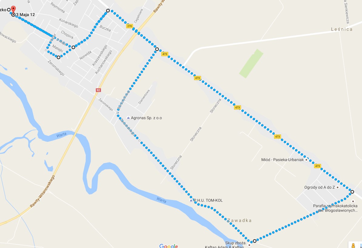Mapka - Czasowe zamknięcie drogi w związku z organizowanym 41. Międzynarodowym Biegiem Warciańskim.