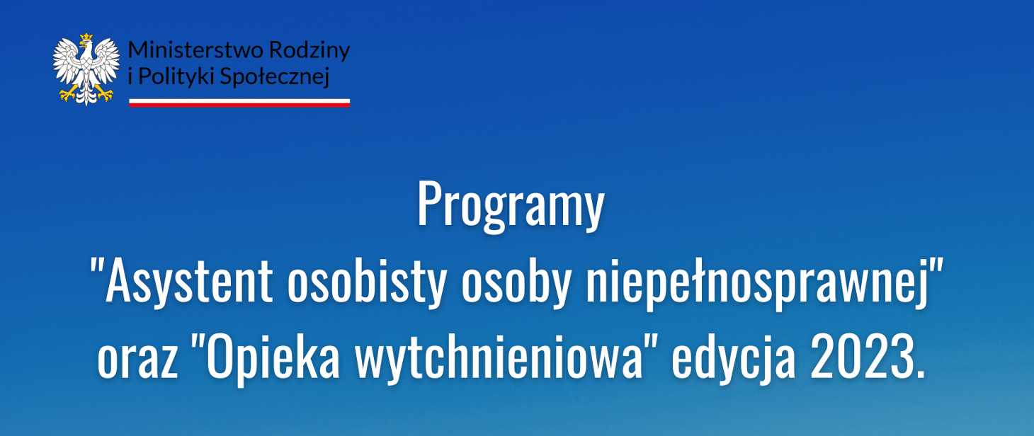 Niebieskie tło z napisem oraz logotypem Ministerstwa Rodziny i Polityki Społecznej