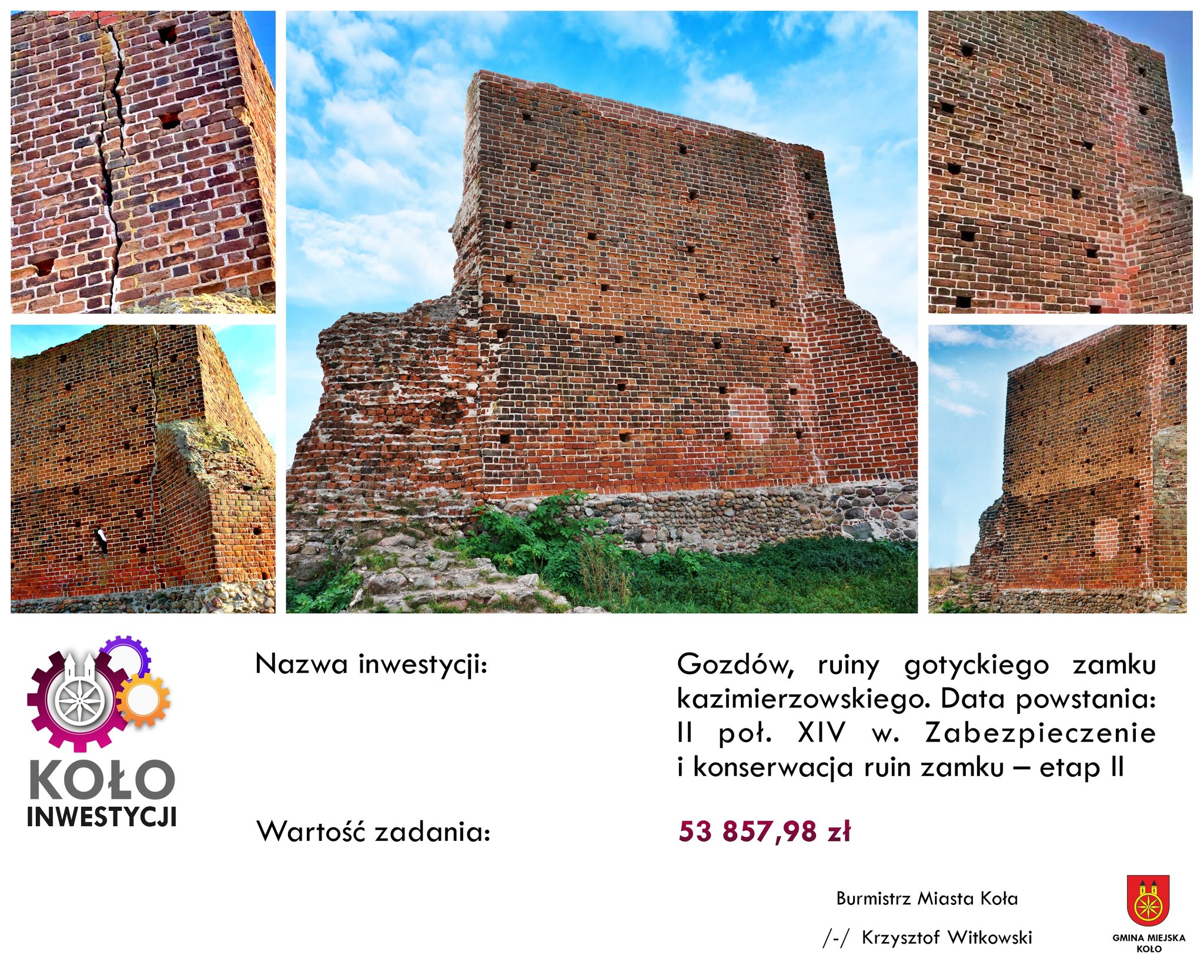 Kolaż zdjęć zabezpieczenia i konserwacji ruin zamku etap II w Kole