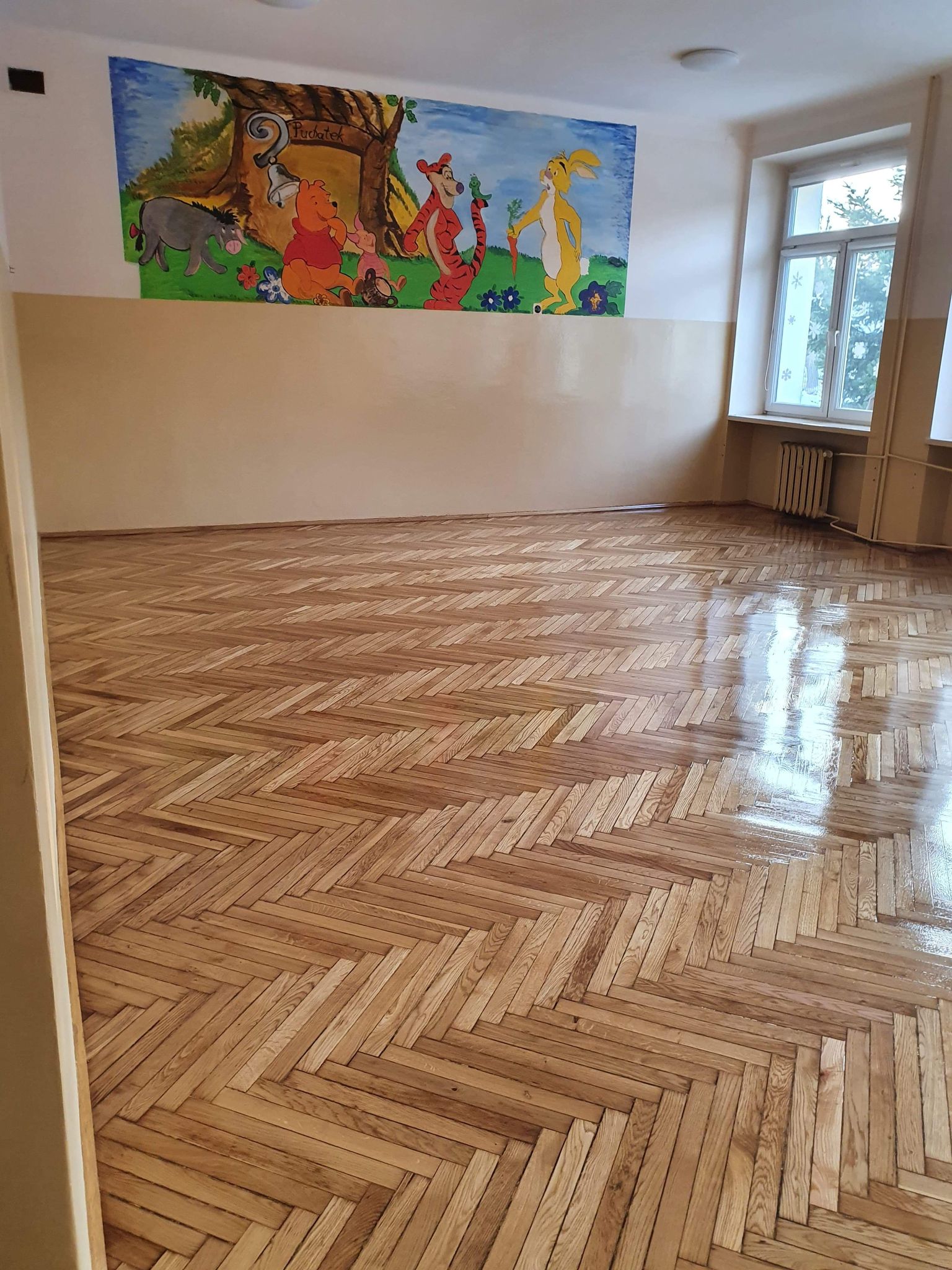 Zdjęcie przedstawia wycyklinowaną podłogę z pomalowanymi ścianami.