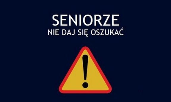 Grafika przedstawia napis Seniorze nie daj się oszukać na ciemnym tle ze znakiem ostrzegawczym.