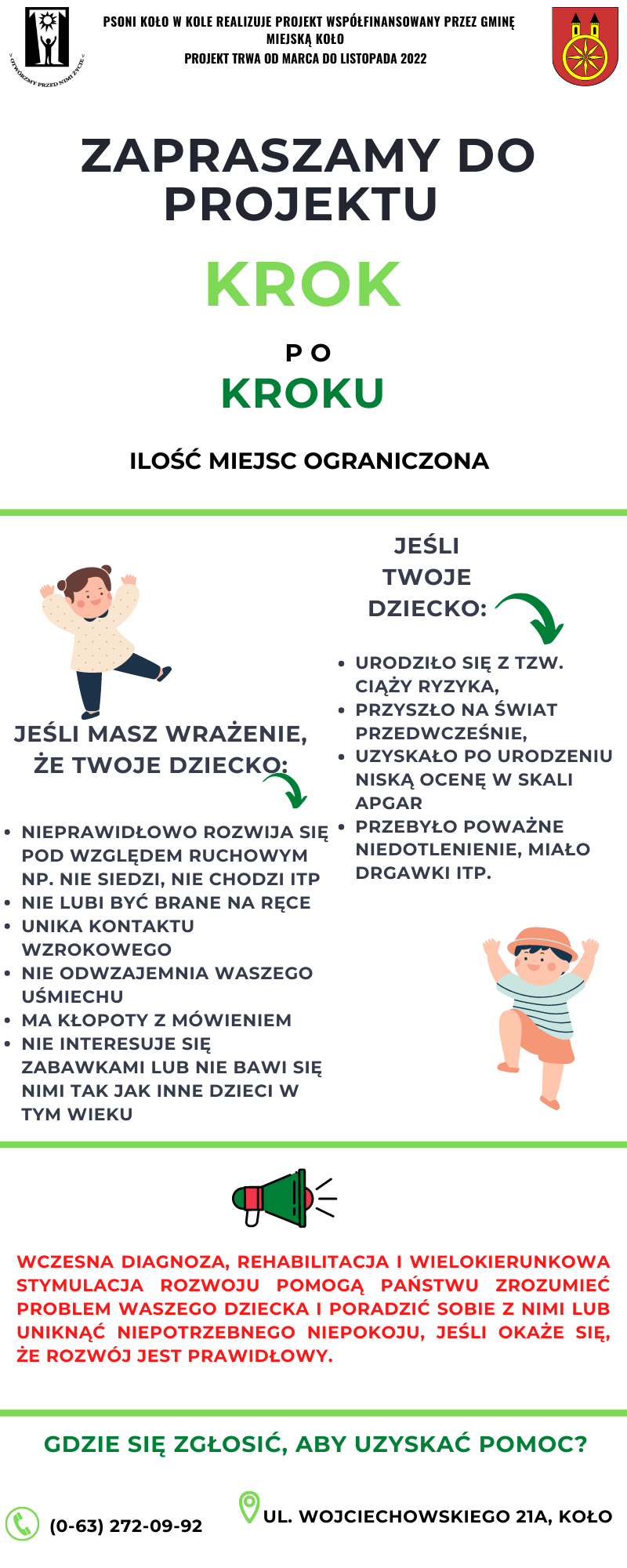 Infografika PSONI Koło zaprasza do projektu KROK PO KROKU, tekst pod infografiką.
