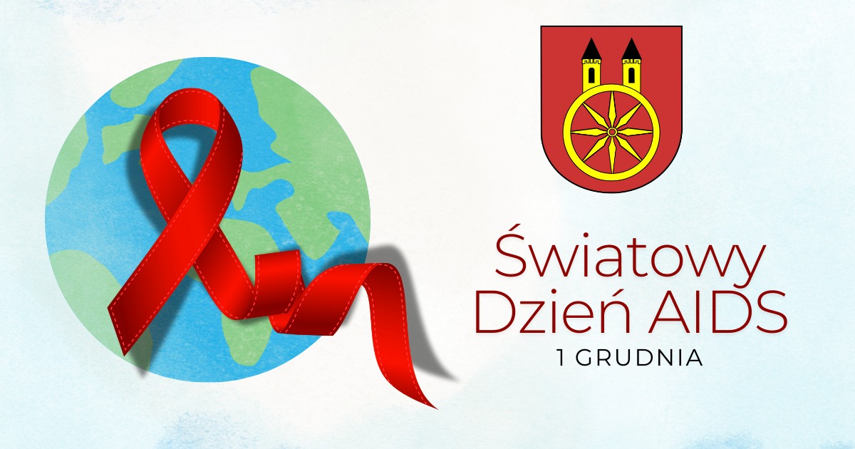 Grafika promuje Światowy Dzień AIDS: po lewej stronie, na białym tle, widoczna jest ilustracja kuli ziemskiej owiniętej czerwoną wstążką – symbolem solidarności z osobami żyjącymi z HIV. Po prawej herb Koła oraz napis Światowy Dzień AIDS.