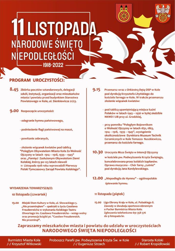 Plakat z Programem obchodów Narodowego Święta Niepodległości w Kole, tekst pod plakatem.