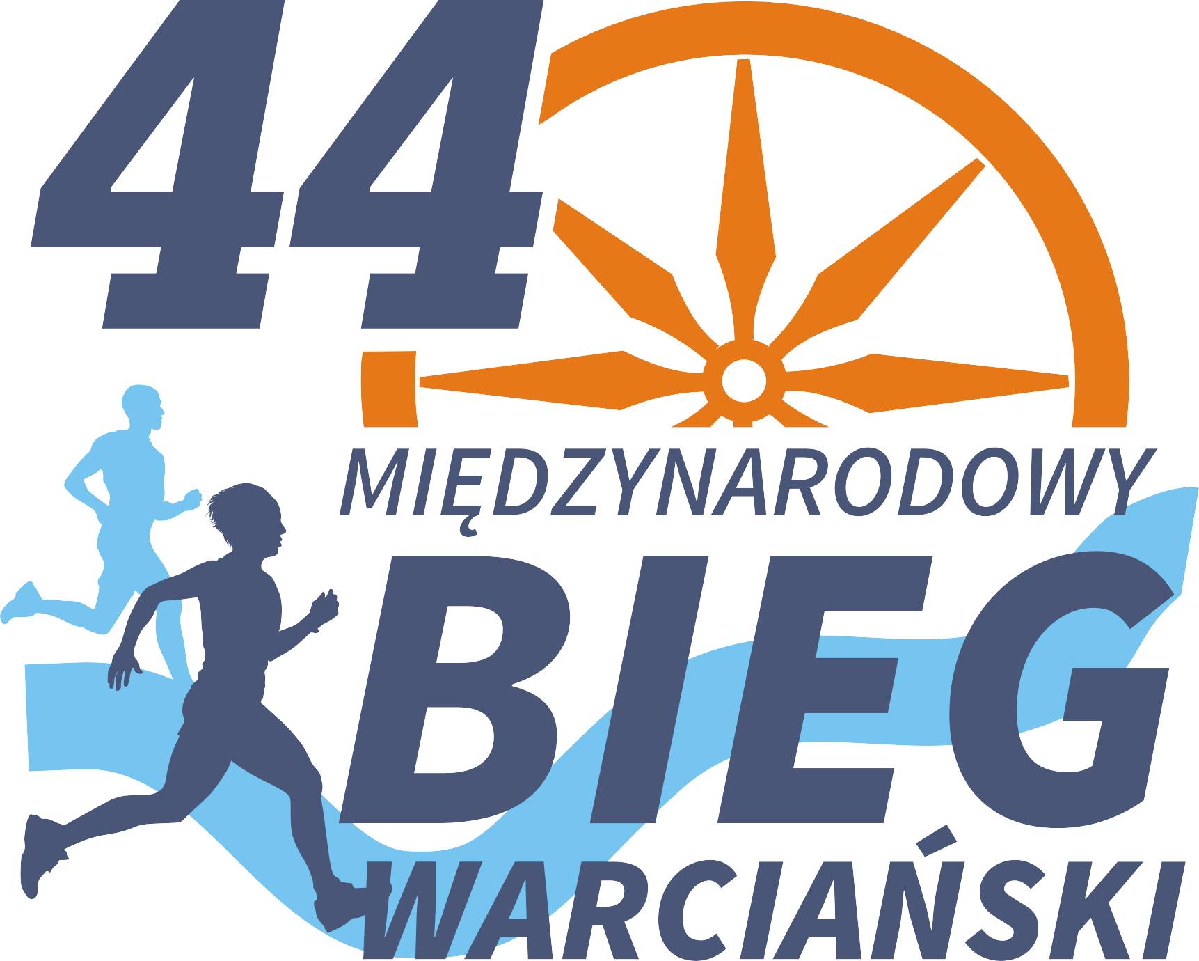 Na obrazku znajduje się logo 44. Międzynarodowego Biegu Warciańskiego. W tle widać sylwetki dwóch biegaczy, jednego w kolorze jasnoniebieskim, a drugiego ciemnoniebieskim, co symbolizuje uczestników biegu. Logo w kolorze niebieskim i pomarańczowym.