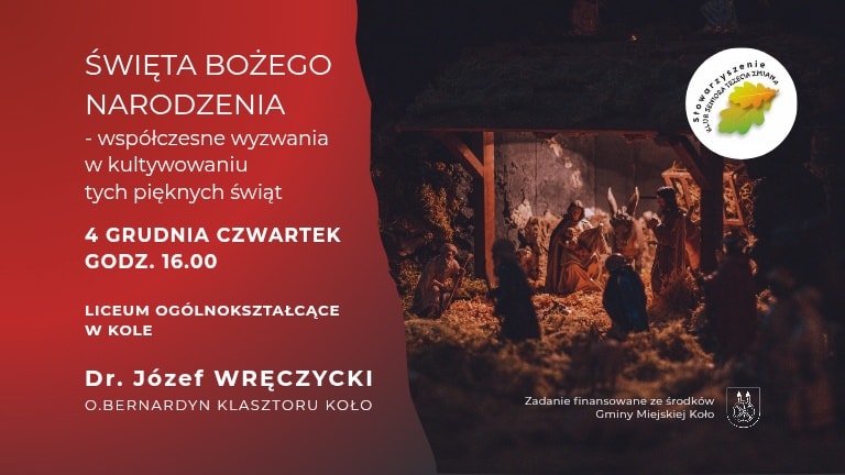 Kolorystyka plakatu jest utrzymana w ciepłych, świątecznych barwach. Po lewej stronie zawarto informacje o wydarzeniu (data, miejsce, prowadzący), a po prawej fotografia szopki bożonarodzeniowej z figurami Maryi, Józefa, Dzieciątka i innych postaci.