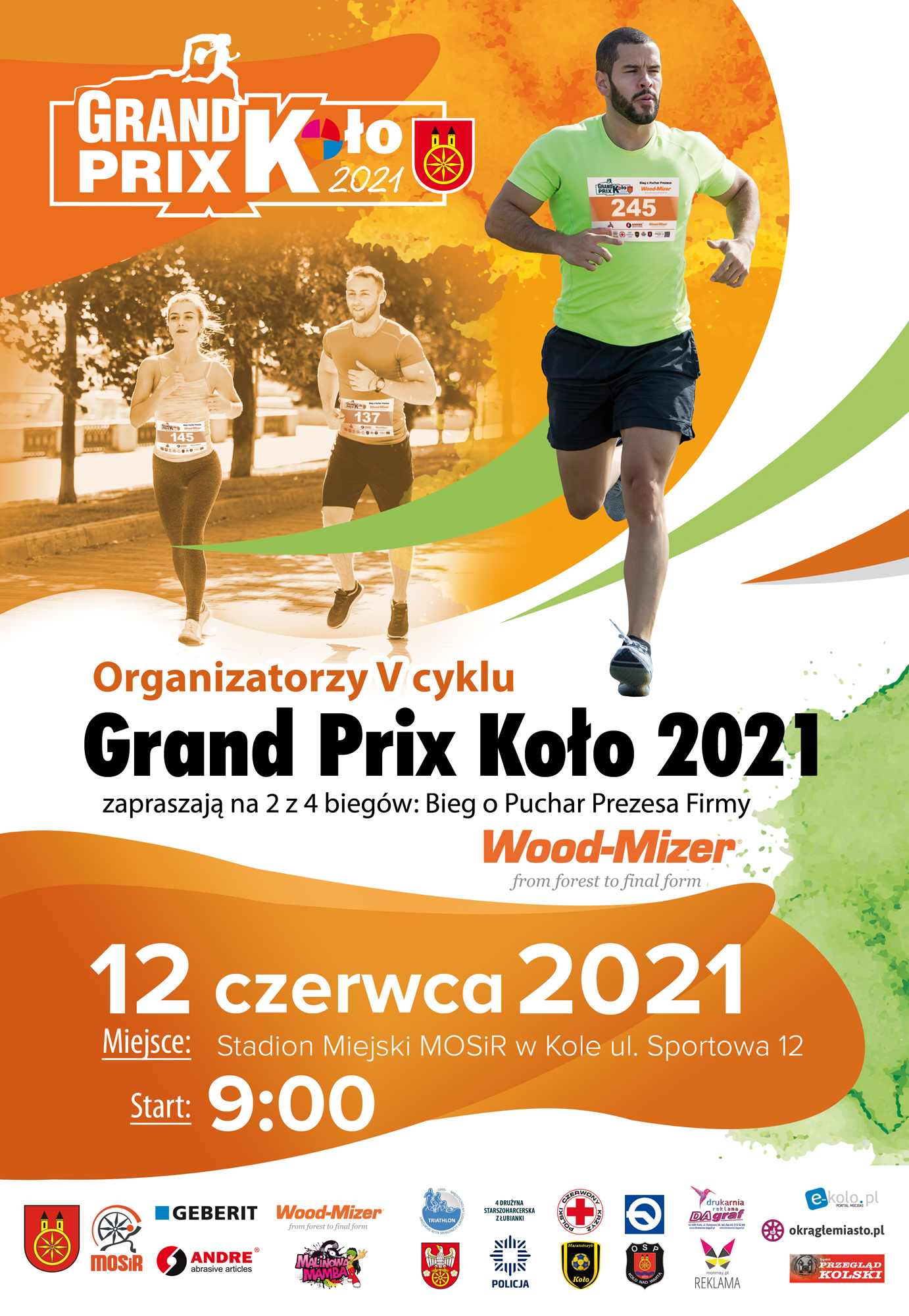 Plakat GRAND PRIX KOŁO 2021 - II bieg o Puchar Prezesa Firmy Wood-Mizer, tekst pod plakatem.