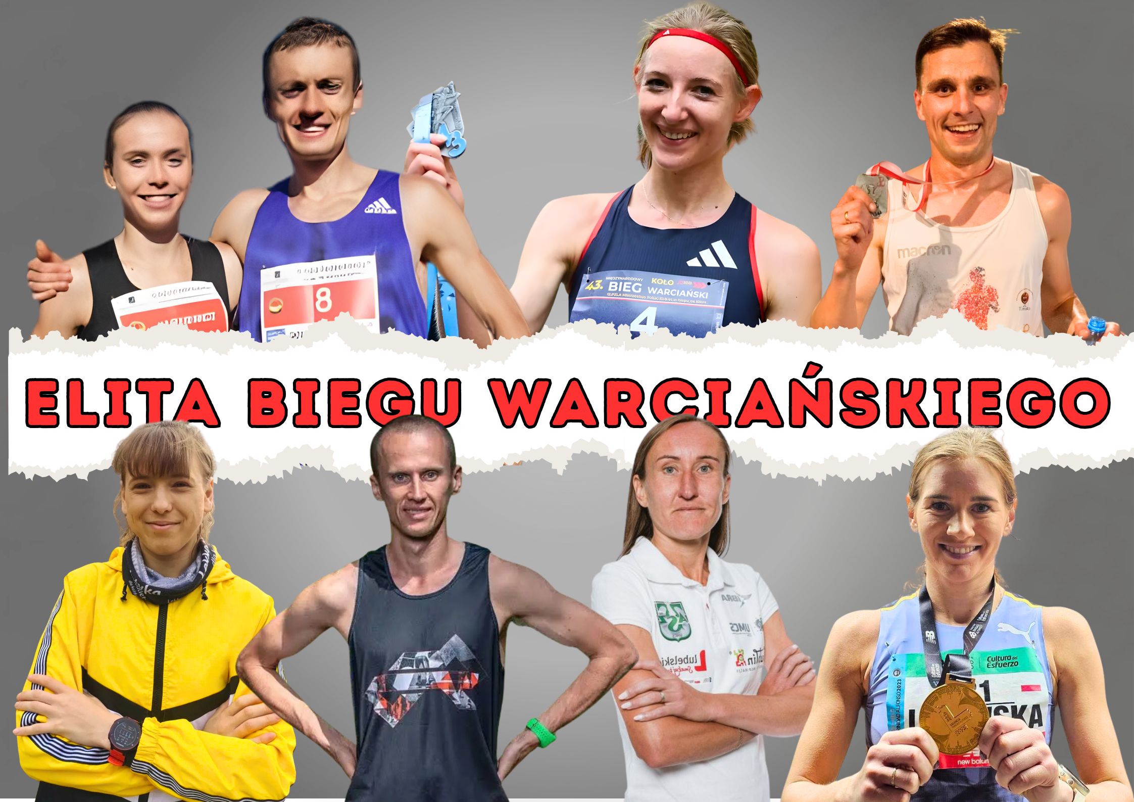 Grafika przedstawia grupę biegaczy z medalami i numerami startowymi oraz napis Elita Biegu Warciańskiego.