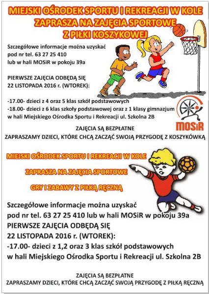 MOSiR w Kole zaprasza na zajęcia sportowe z piłki koszykowej i ręcznej