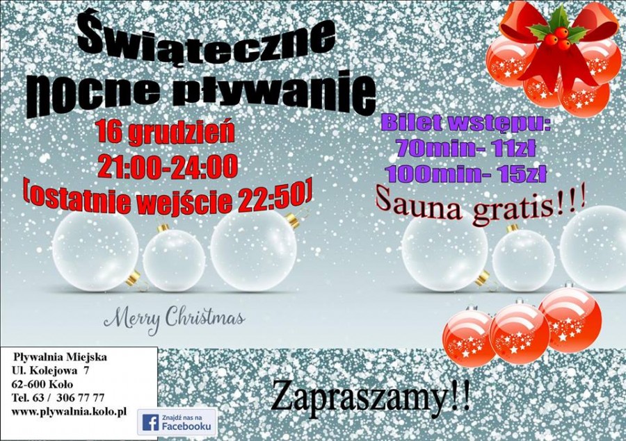 Zapraszamy na świąteczne nocne pływanie i saunowanie na pływalni!