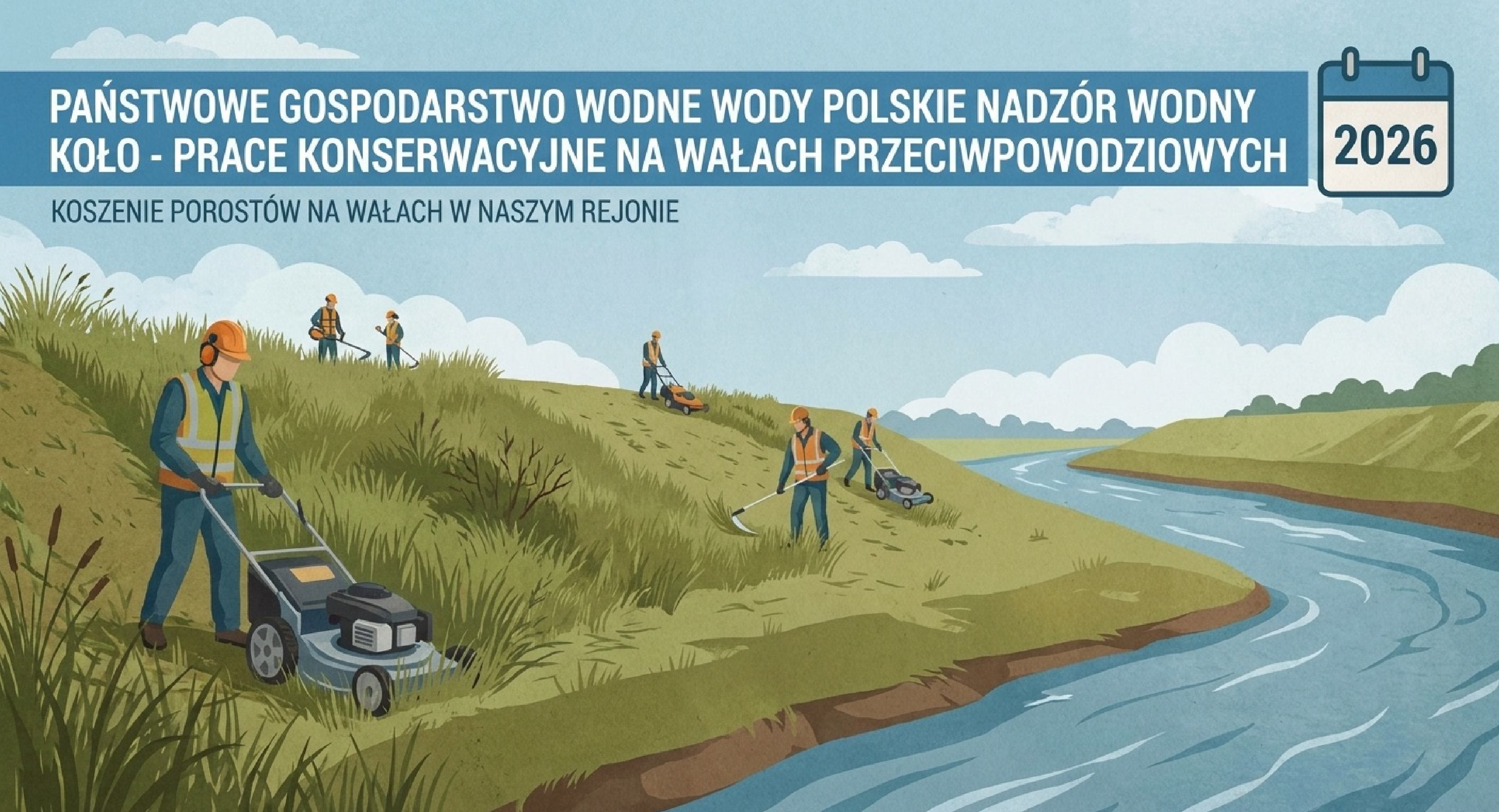 Pracownicy w kamizelkach odblaskowych i kaskach koszą trawę na wałach przeciwpowodziowych wzdłuż rzeki. Grafika informacyjna PGW Wody Polskie, Nadzór Wodny Koło, 2026 rok.