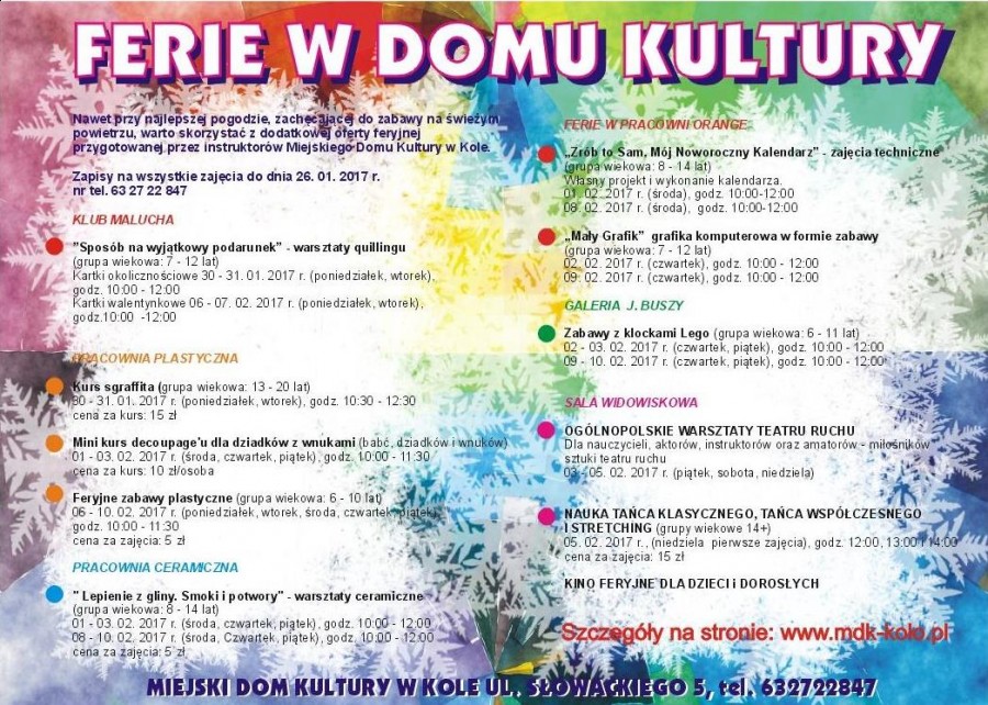Ferie w Miejskim Domu Kultury w Kole. Plan zajęć
