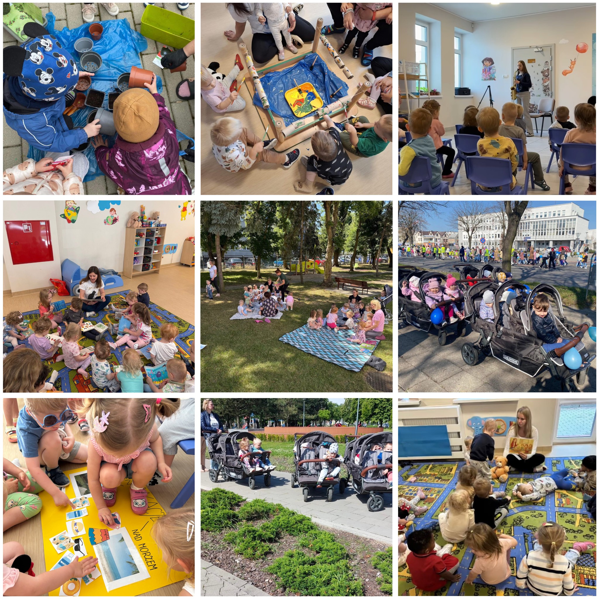 Na zdjęciu widać grupy małych dzieci bawiących się, uczących i spędzających czas zarówno w pomieszczeniach, jak i na świeżym powietrzu — to typowe zajęcia w żłobku lub przedszkolu.