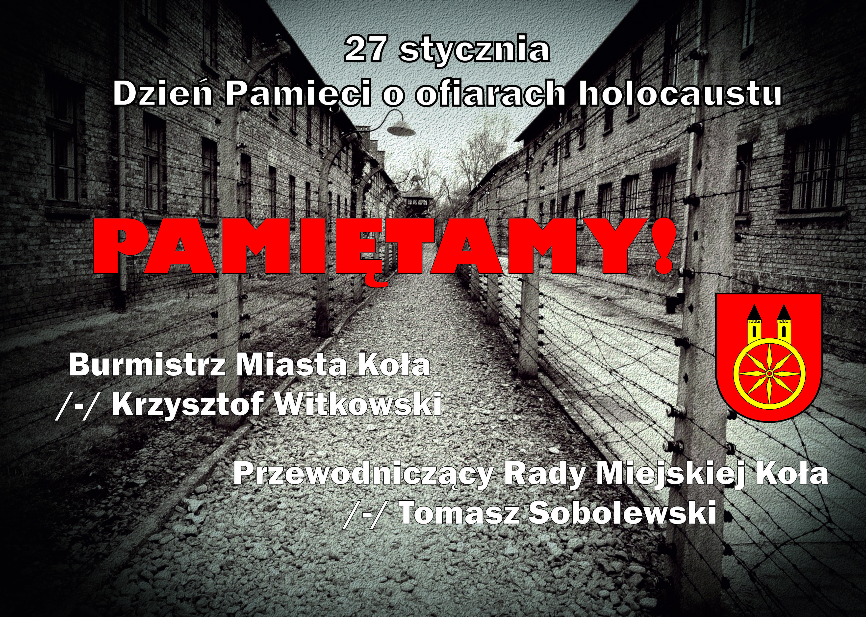Grafika przedstawia obóz koncentracyjny z napisem: 27 stycznia Dzień Pamięci o ofiarach holocaustu.