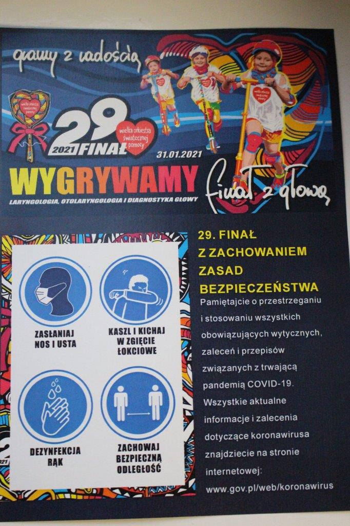Grafika przedstawia ulotkę informacyjną dot. zasad bezpieczeństwa podczas 29. Finalu WOŚP.