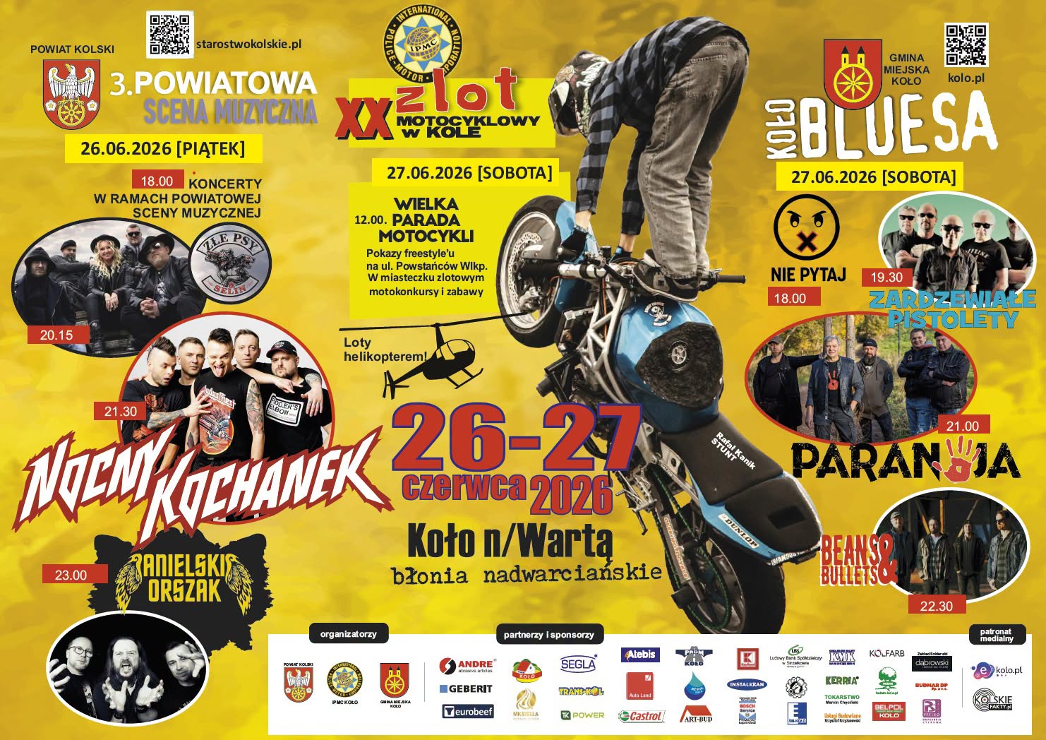 Plakat XX Zlotu Motocyklowego w Kole, 26-27 czerwca 2026, błonia nadwarciańskie. Motocyklista wykonuje stunt. Program: koncerty rockowe, parada motocykli, pokazy freestyle, loty helikopterem.