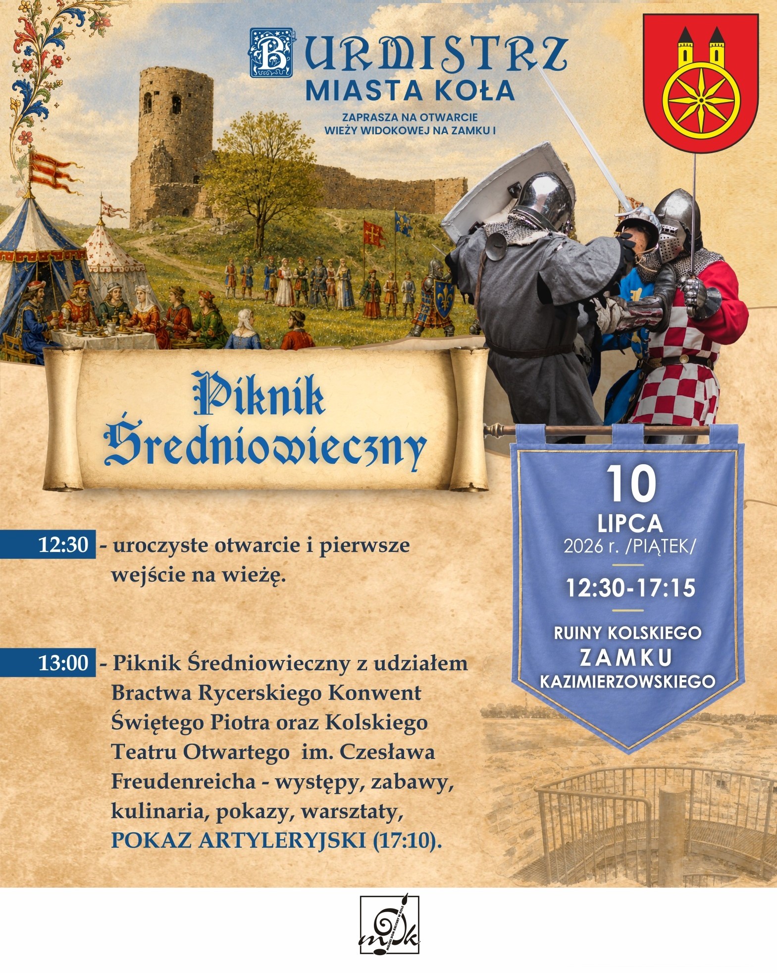 Plakat Piknik Średniowieczny, 10 lipca 2026, godz. 12:30-17:15, Ruiny Kolskiego Zamku Kazimierzowskiego. Dwaj rycerze w zbrojach walczą na miecze. Herb miasta Koła, logo Burmistrza i MDK.