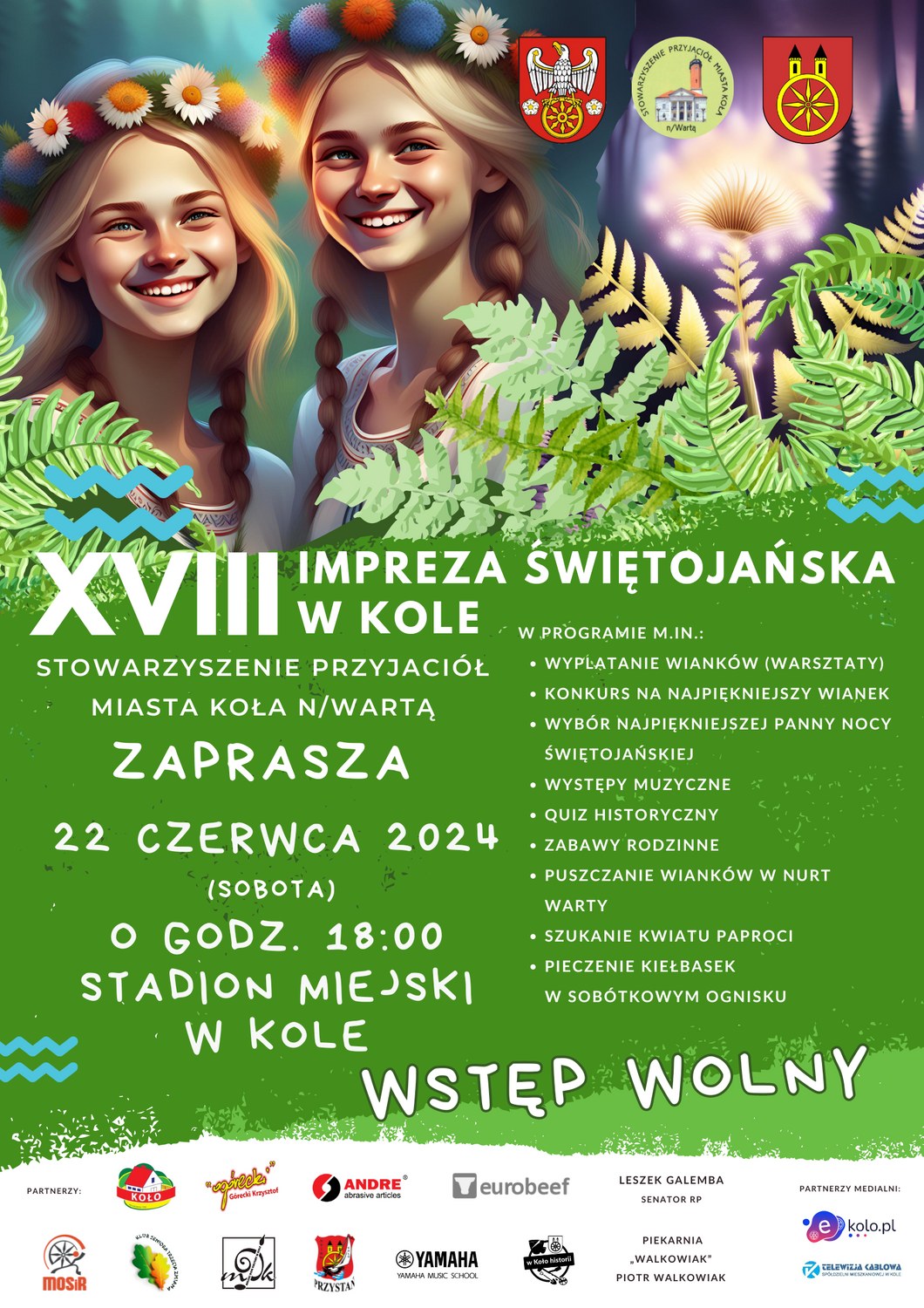Plakat informujący o 18. Imprezie Świętojańskiej w Kole w dniu 22 czerwca 2024 r.