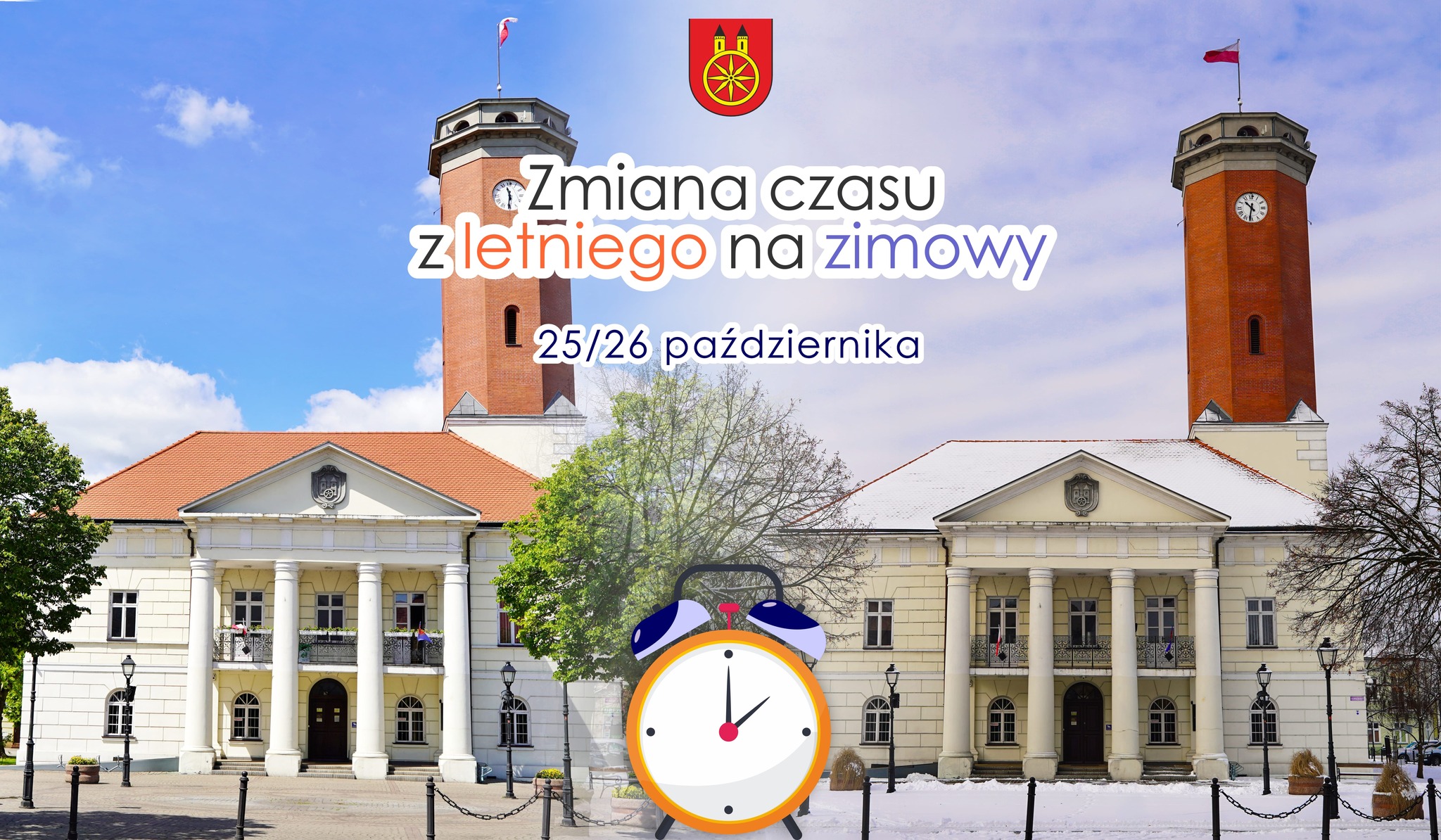 Kolaż zdjęć pokazuje ten sam budynek Ratusza latem i zimą oraz informację o zmianie czasu z letniego na zimowy.