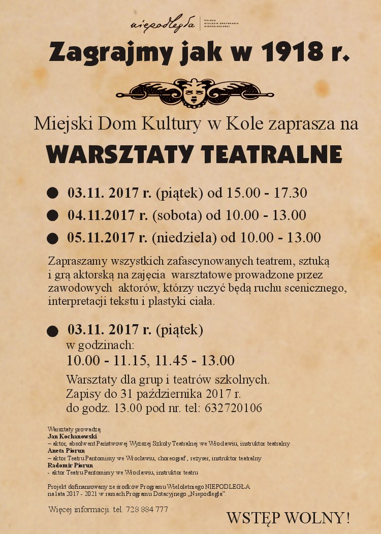 "Zagrajmy jak w 1918 r." - MDK w Kole zaprasza na warsztaty teatralne