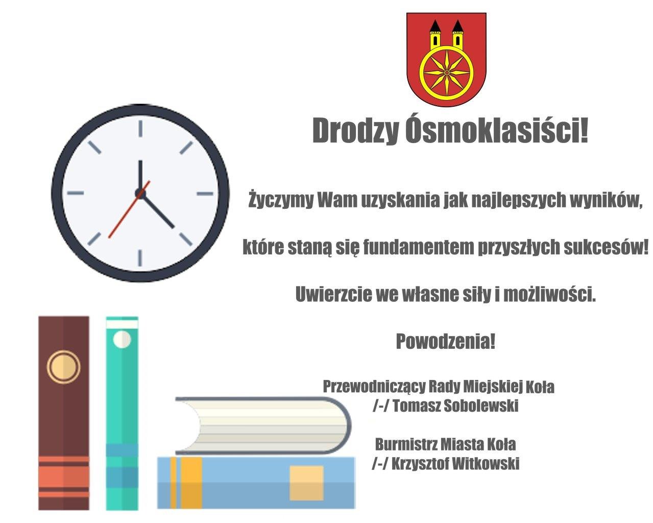 Plansza Drodzy Ósmoklasiści! Powodzenia!, tekst życzeń pod planszą