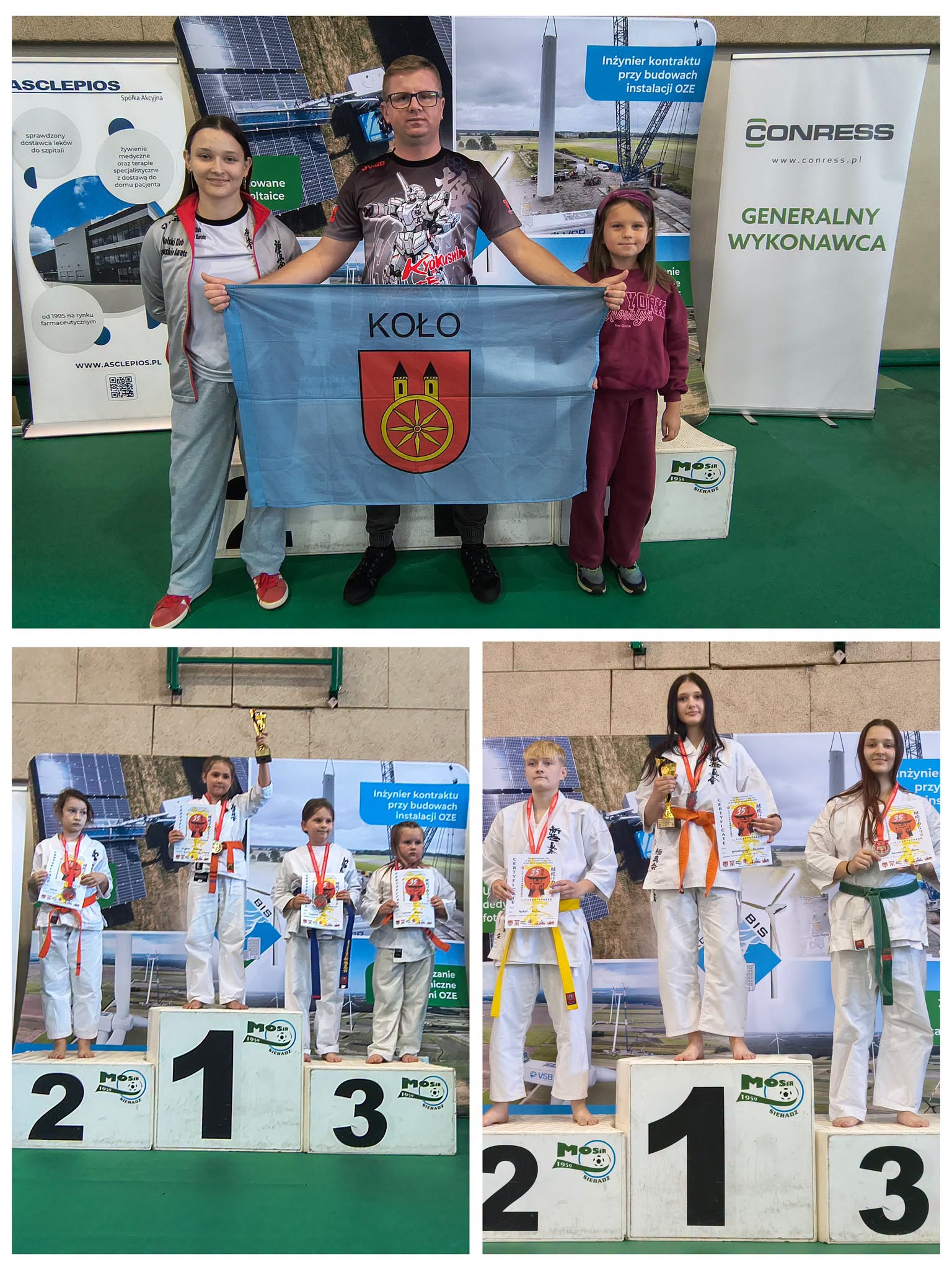 Kolaż ze zawodów karate w hali. Na górze trener z dwiema dziewczynkami trzyma niebieską flagę Koła z herbem. Niżej dwa podia z dziećmi w kimonach, z pucharami, medalami i dyplomami, na tle banerów o energii odnawialnej.