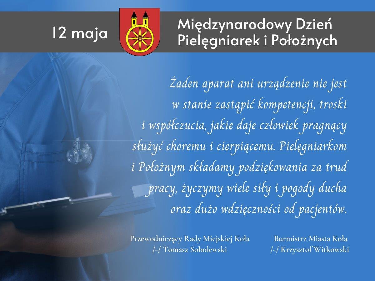 Plansza o Międzynarodowym Dniu Pielęgniarek i Położnych, tekst pod planszą.
