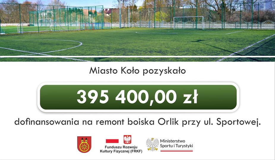 Infografika 395 400,00 zł dofinansowania na remont boiska Orlik przy ul. Sportowej z FRKF