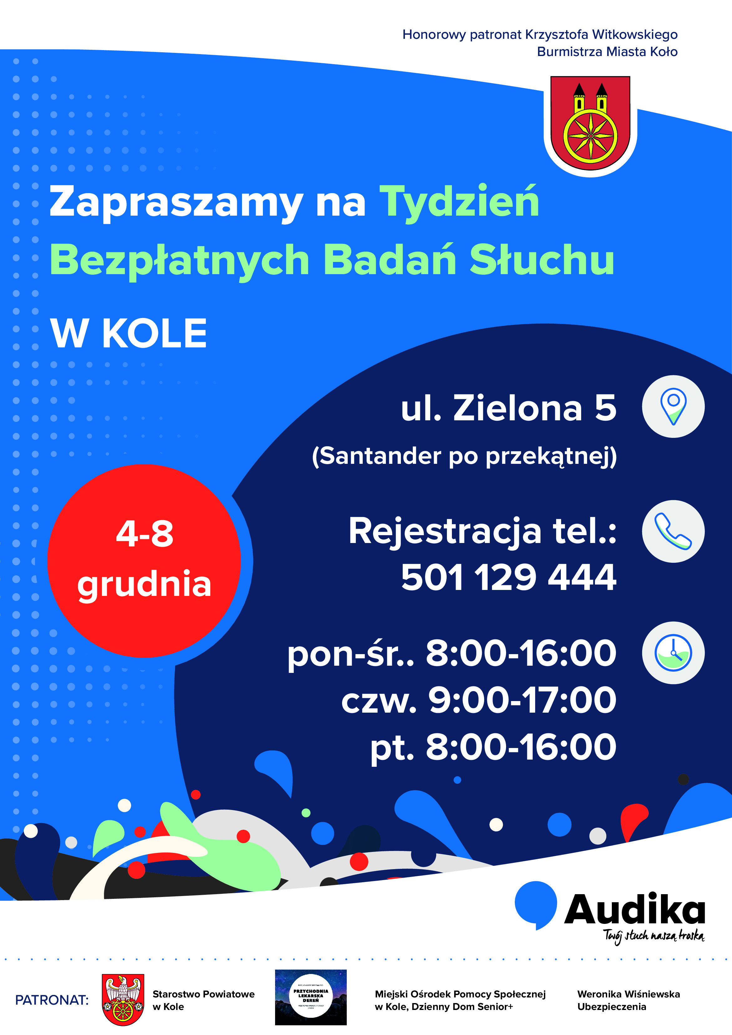 Plakat informujący o Tygodniu Bezpłatnych Badań Słuchu w Kole, tekst pod plakatem