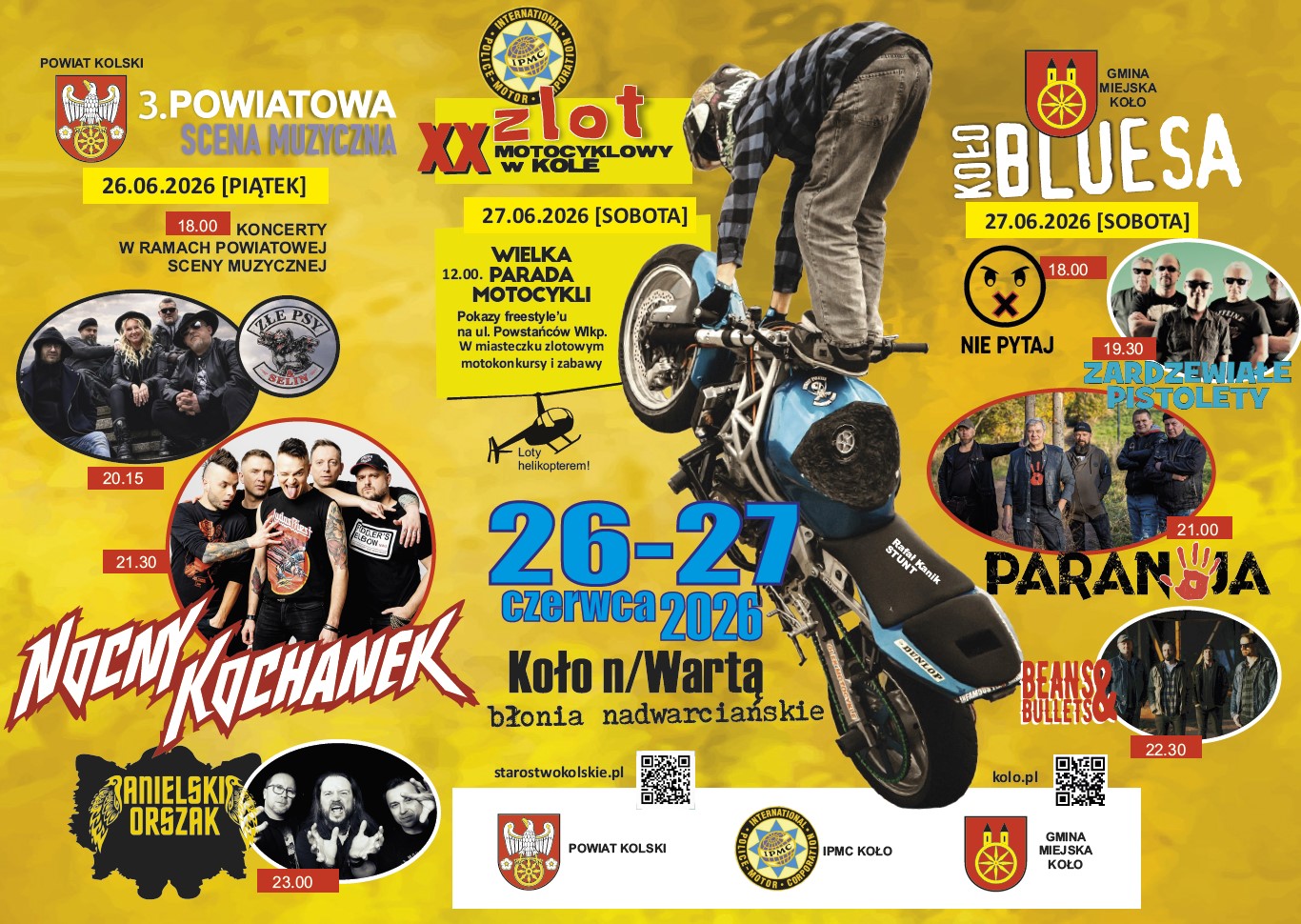 Plakat XX Zlotu Motocyklowego w Kole, 26-27 czerwca 2026, błonia nadwarciańskie. Motocyklista wykonuje stunt. Program: koncerty rockowe, parada motocykli, pokazy freestyle, loty helikopterem