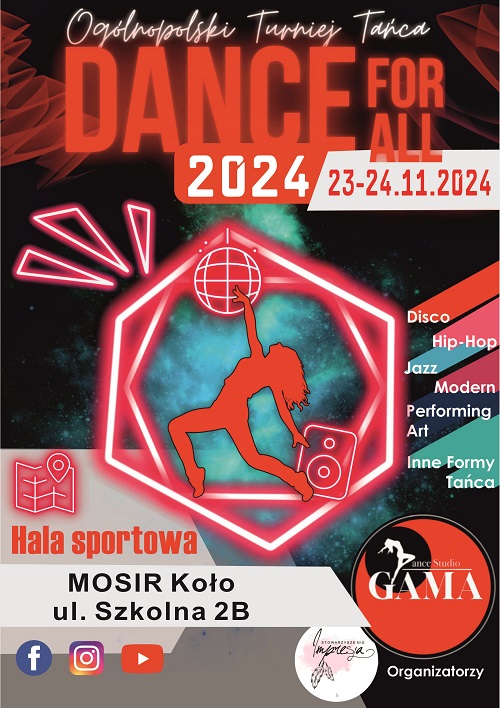 Plakat promujący wydarzenie Ogólnopolski Turniej Tańca Turniej Dance For All w Kole.