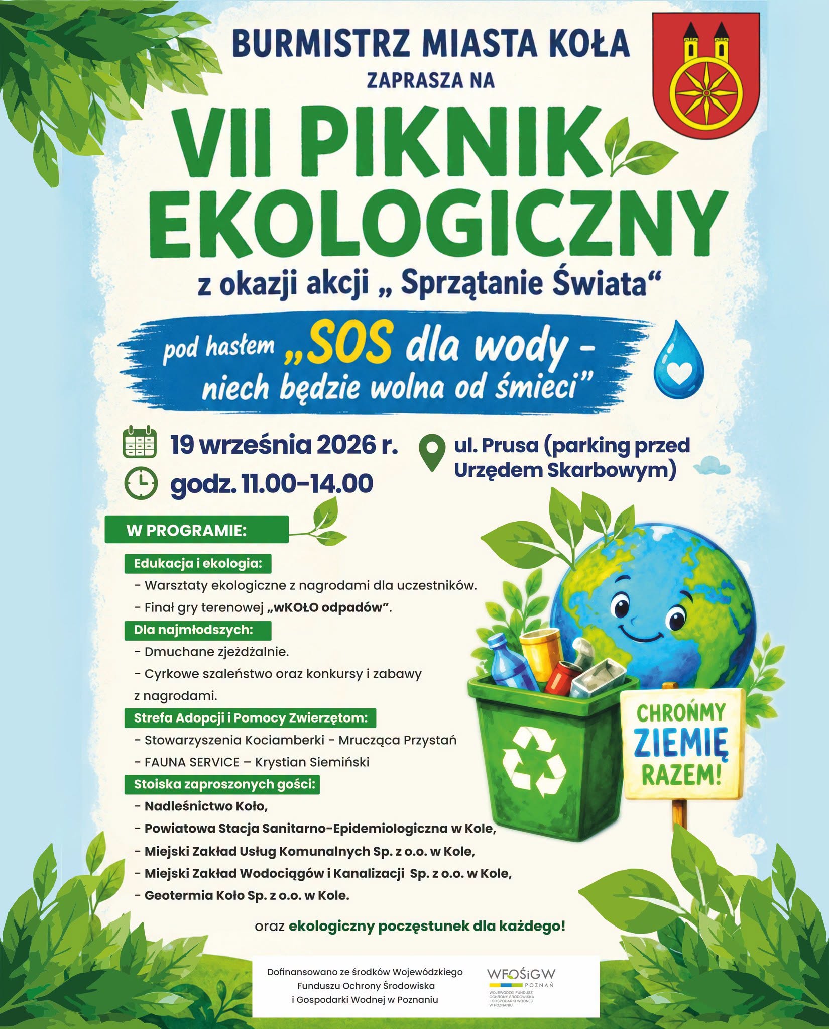 Plakat w zielono-niebieskiej kolorystyce z liśćmi i herbem Koła. Burmistrz Miasta Koła zaprasza na VII Piknik Ekologiczny z okazji akcji Sprzątanie Świata pod hasłem SOS dla wody, 19 września 2026 r., godz. 11.00–14.00, ul. Prusa. Obok rysunek Ziemi 