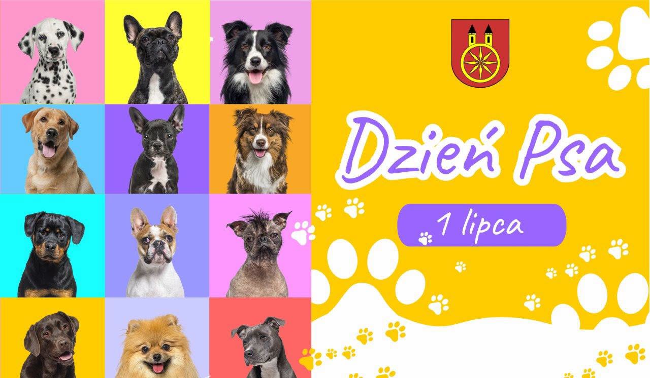 Grafika informacyjna z napisem Dzień Psa, 1 lipca. W tle kolaż zdjęć dwunastu psów różnych ras na kolorowych kwadratach. Po prawej żółte tło z motywem łapek oraz herb gminy w prawym górnym rogu.