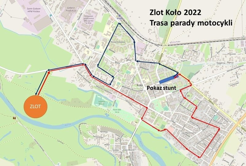 Mapa z wyznaczoną trasą parady motocykli po mieście Koło