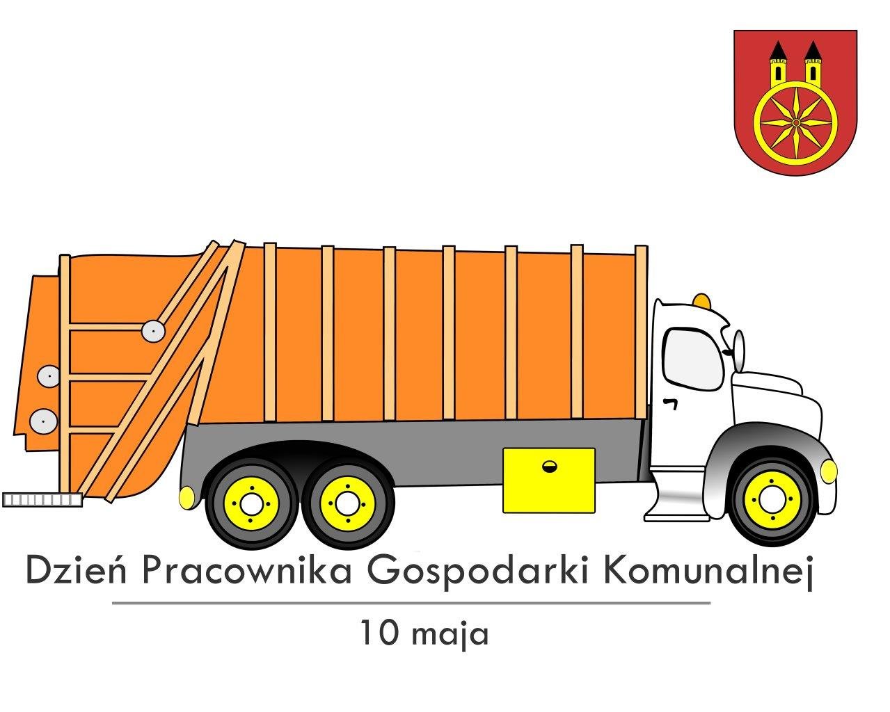 Samochód do wywozu odpadów komunalnych, w prawym górnym rogu herb miasta Koła.