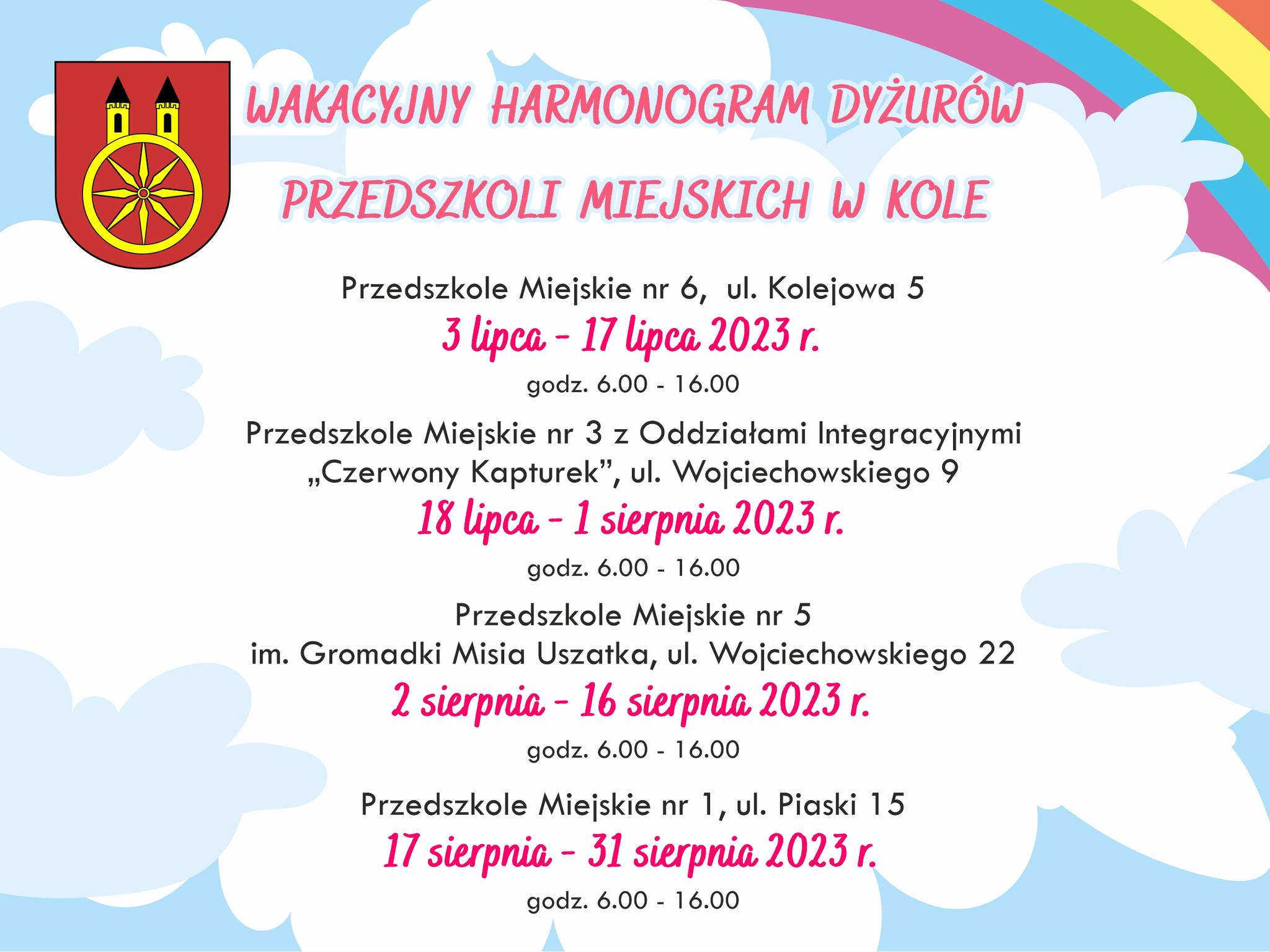 Infografika, Dyżury wakacyjne w przedszkolach miejskich w Kole, tekst pod infografiką