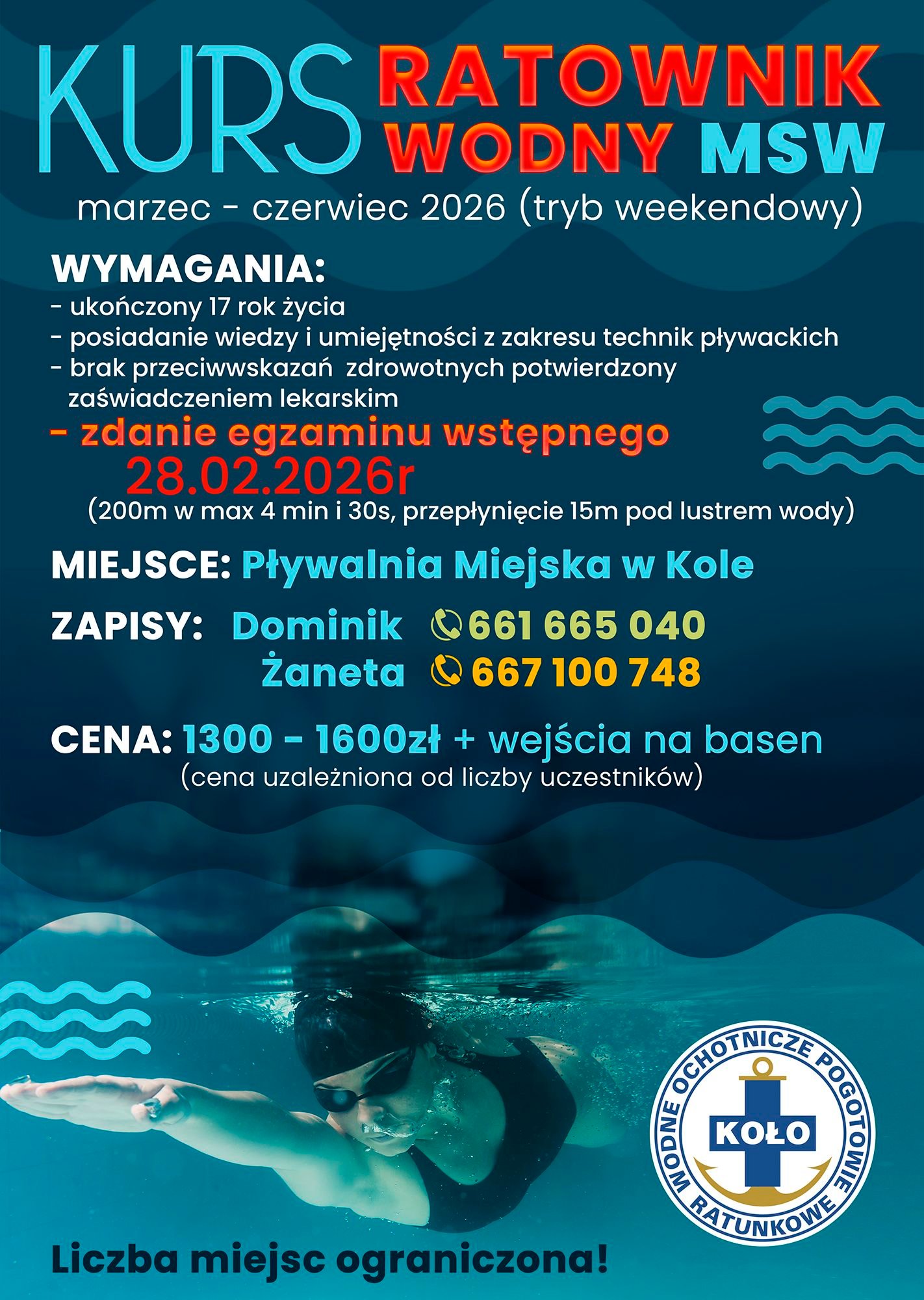 Na grafice znajduje się plakat informacyjny o kursie ratownika wodnego MSW. W tle widać osobę pływającą pod wodą i logo Wodnego Ochotniczego Pogotowia Ratunkowego Koło.