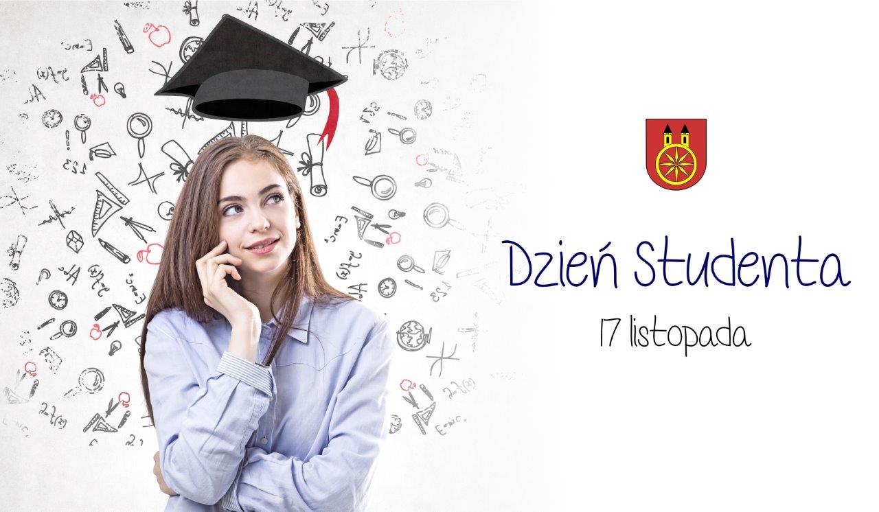 Grafika przedstawia dziewczynę, nad którą unosi się biret, symbolizujący zakończenie nauki lub zdobycie wykształcenia. Wokół niej rozmieszczone są rysunki przyborów i symboli związanych z nauką, takich jak cyrkiel, lupa czy wzory matematyczne.