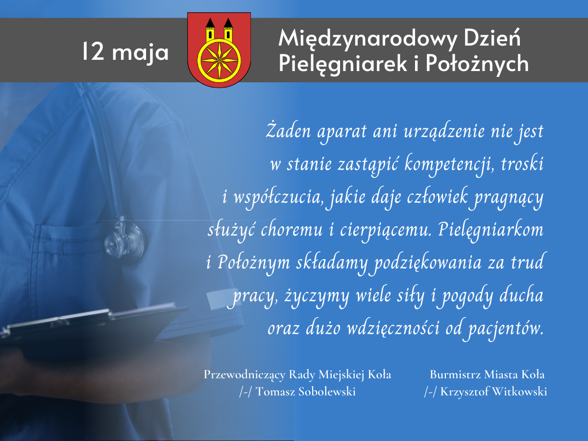Plansza o Międzynarodowym Dniu Pielęgniarek i Położnych, tekst pod planszą.