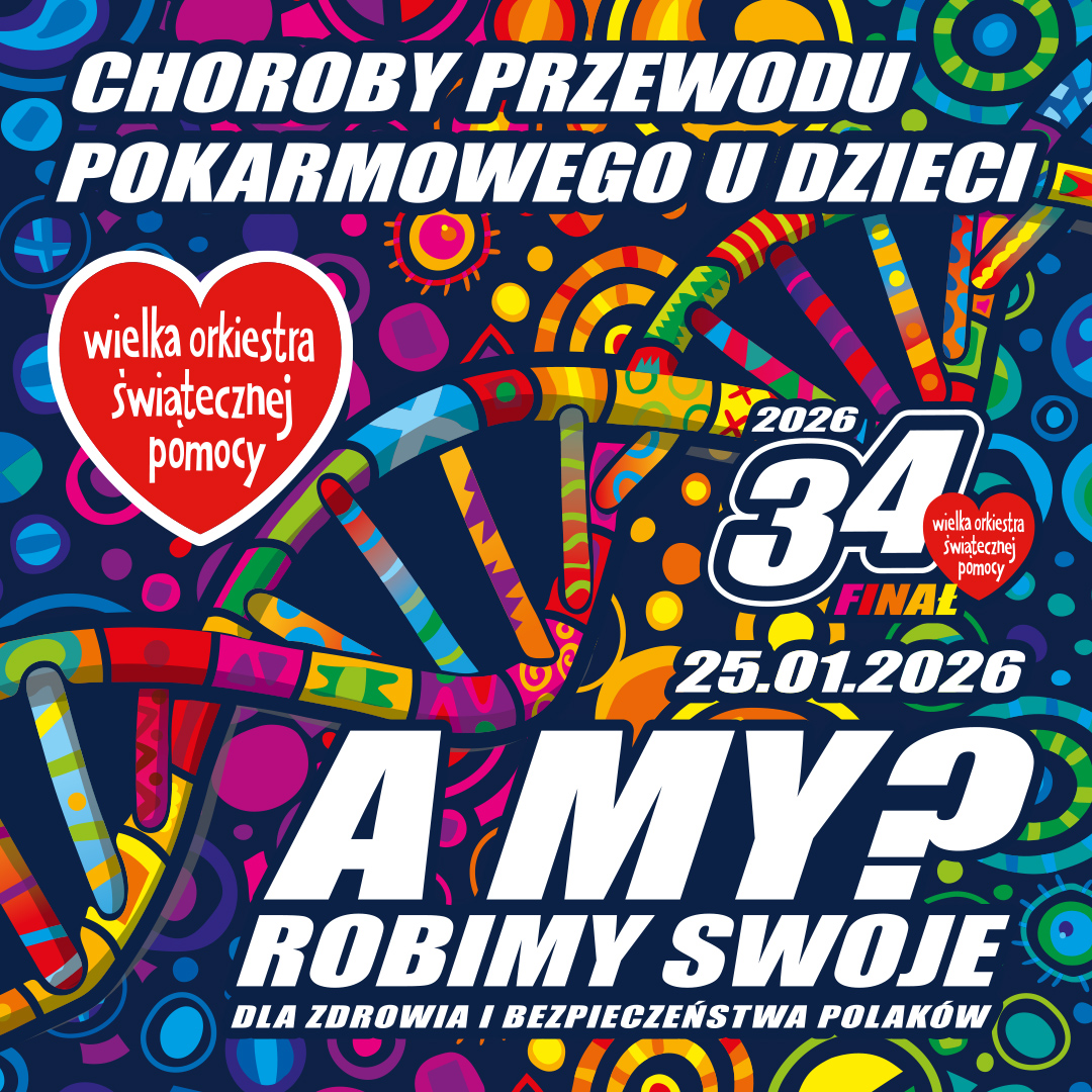 Plakat zapowiadający 34. finał WOŚPO, który odbędzie się 25 stycznia 2026 roku. Plakat podkreśla cel akcji: choroby przewodu pokarmowego u dzieci. Jest kolorowy i dynamiczny z charakterystycznymi czerwonymi serduszkami.
