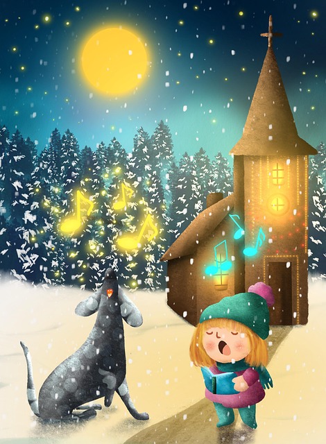 Na grafice widać zimową scenę z dzieckiem i psem śpiewającymi przed kościołem w świetle księżyca, a wokół nich unoszą się kolorowe nutki.