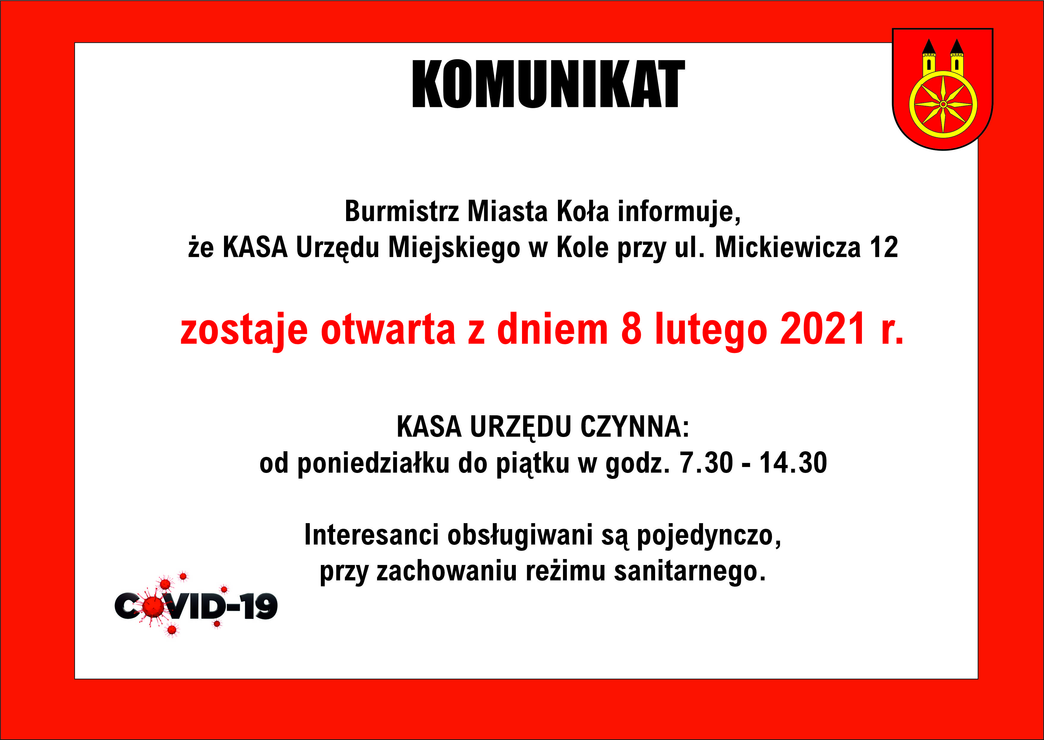 Grafika przedstawia informację, że od 8 lutego 2021 r. kasa UM w Kole będzie otwarta.