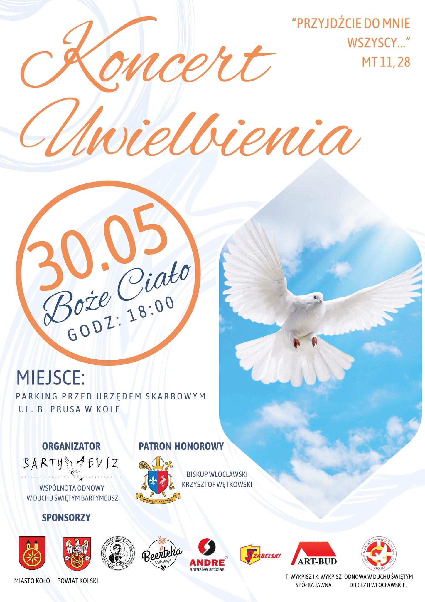 Plakat 5. Koncert Uwielbienia, po prawej stronie gołębica, na dole logotypy sponsorów i organizatoró