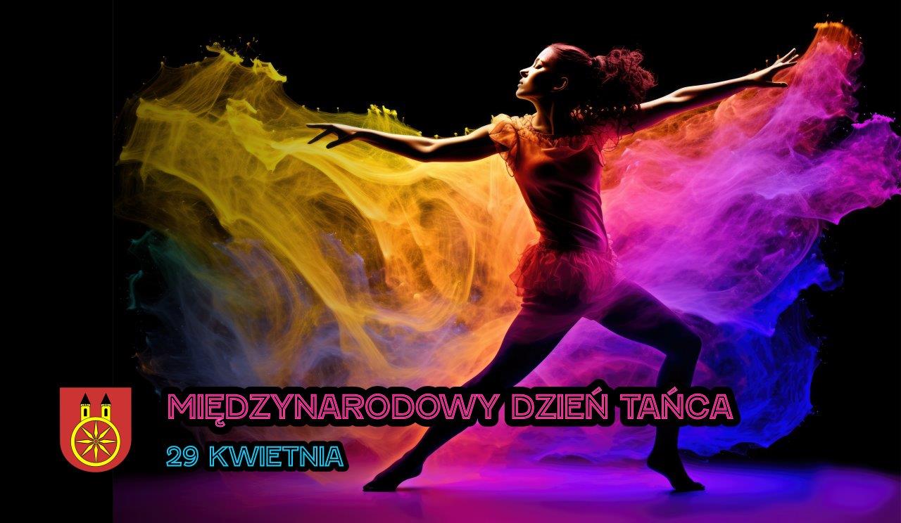 Grafika promująca Międzynarodowy Dzień Tańca przedstawia tancerkę uchwyconą w dynamicznej pozie, wyłaniającą się z ciemnego tła, które rozświetla kolaż miękkich, przenikających się kolorów przypominających delikatną mgiełkę.