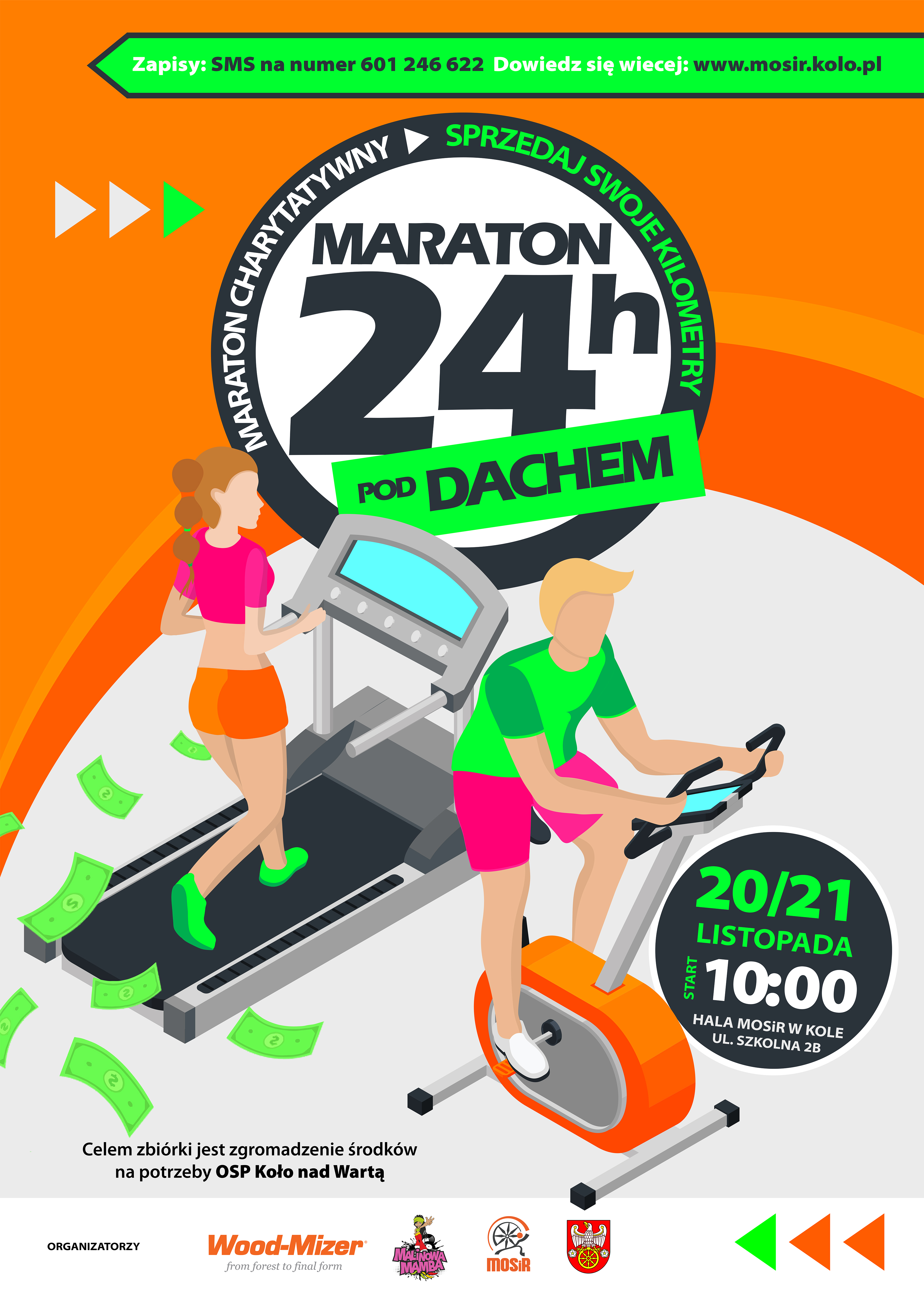 Plakat informujący o MARATONIE 24H POD DACHEM, tekst pod plakatem.
