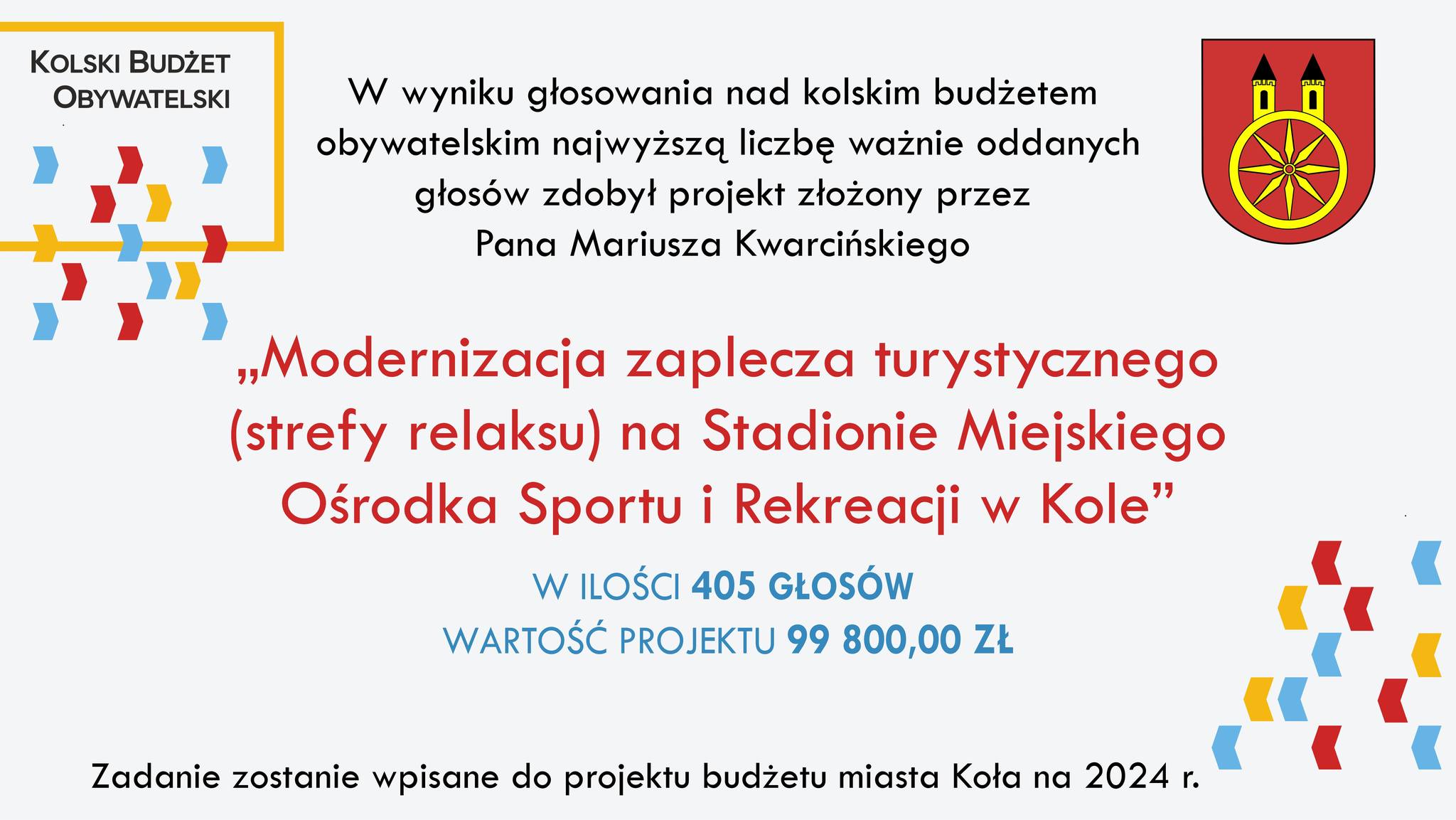 Plansza Kolski Budżet Obywatelski 2023 z wynikami głosowania, tekst pod planszą